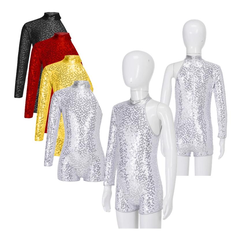 Sxiwei Kinderen Meisjes Enkele Lange Mouwen Glanzende Pailletten Dans Gymnastiek Korte Jumpsuit Stage Performance Kleding 7-8 Years goud