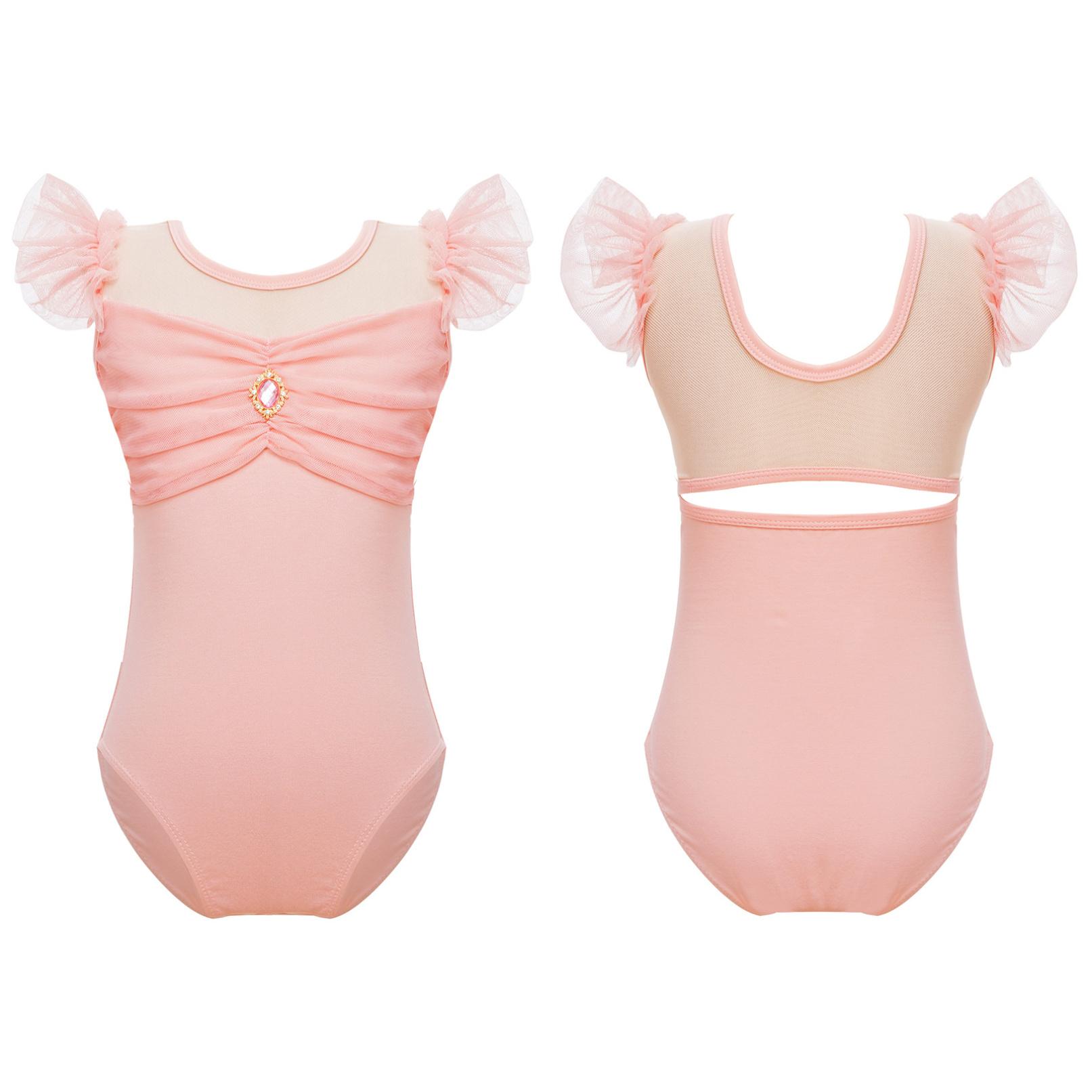 YONGHS Turnpakje voor kinderen, meisjes, ruchemouwen, ruches, mesh, patchwork, uitsparing aan de achterkant, voor balletdansgymnastiek 5-6 Years groen
