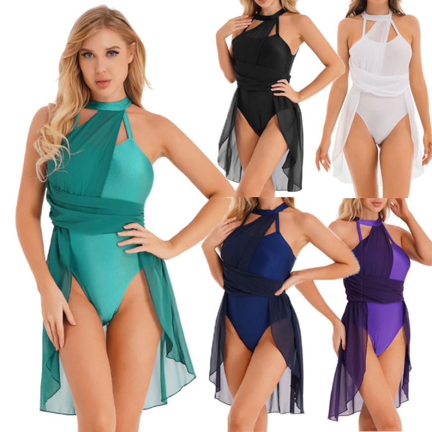 Yunduantong-electronic Vrouwen Chiffon Splice Gymnastiek Danskostuum Lyrische Dansjurk Modern eigentijds Kostuum Halter Chiffon Danskleding S marineblauwe kleur