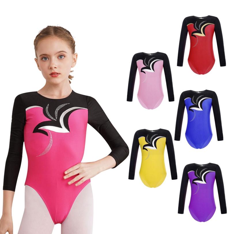 Daenrui Kinderen Meisjes Glanzende Strass Gymnastiek Leotard Kunstschaatsen Dansvoorstelling Kostuum Lange Mouw Bodysuit 5-6 Years roze