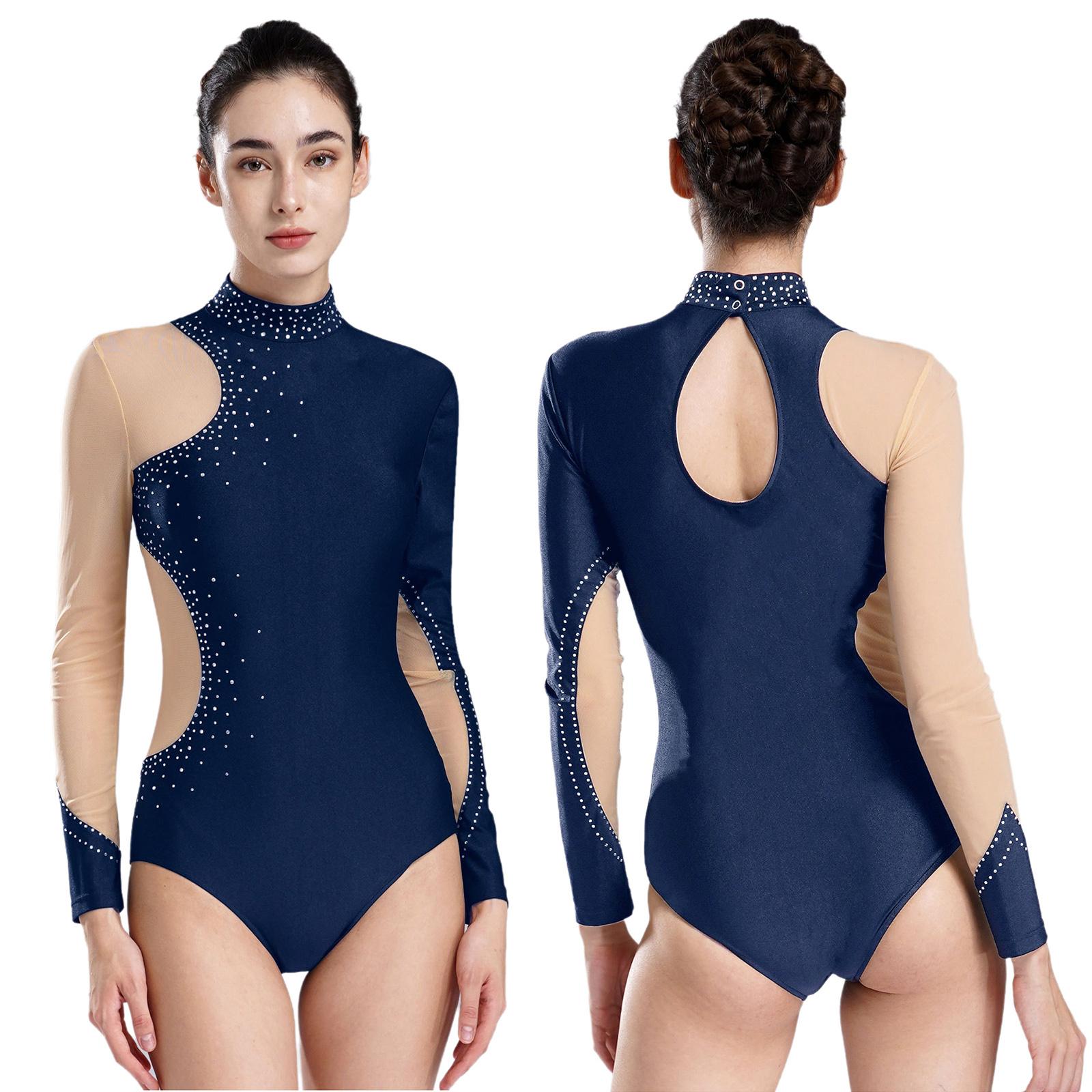 Yunduantong-electronic Vrouwen Glittery Rhinestones Kunstschaats Leotard Ballet Dans Unitard Gymnastiek Bodysuit Activewear Atletische Tights Leotard XL marineblauwe kleur