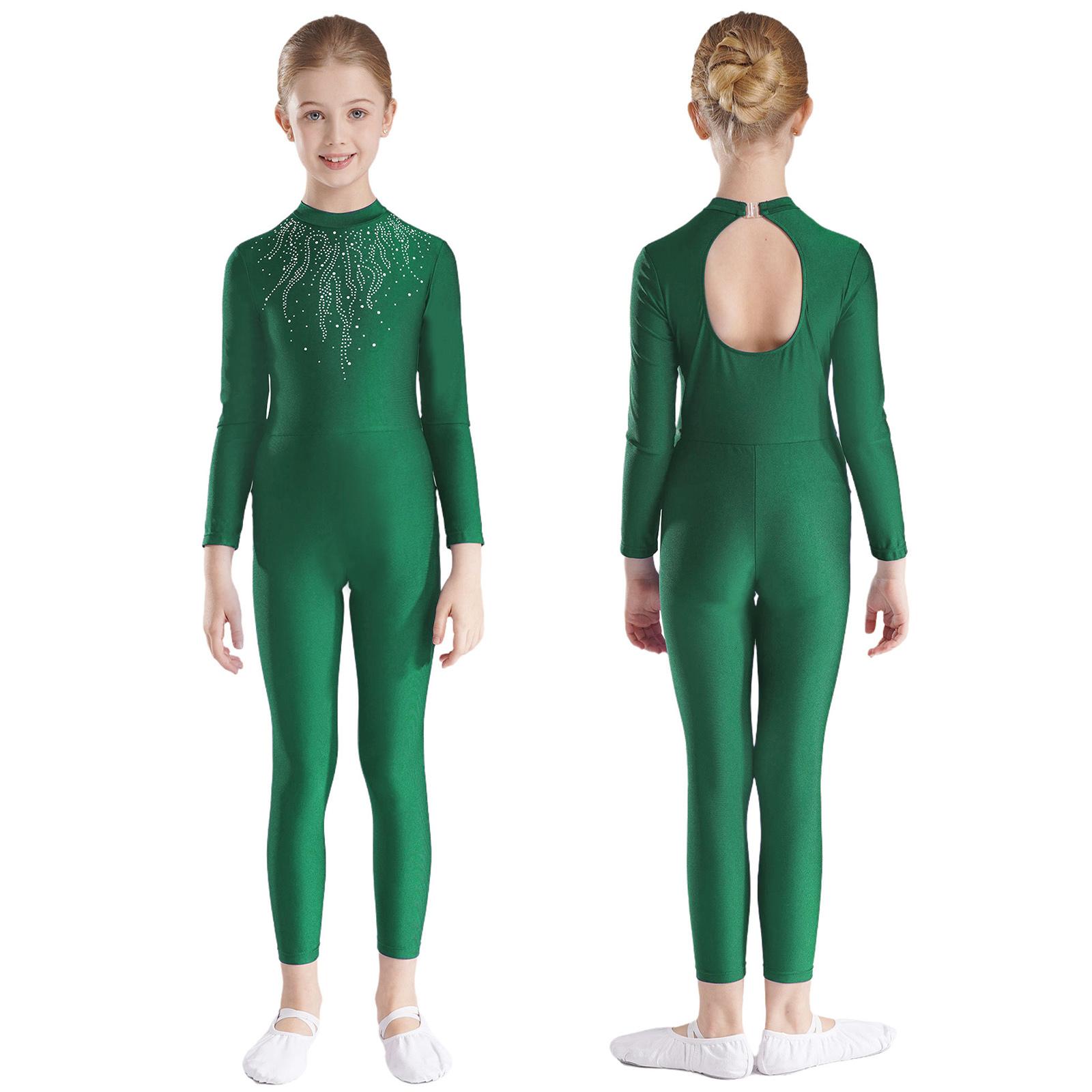 YONGHS Meisjes glanzende strass steentjes gymnastiek jumpsuit sleutelgat rug ballet jersey jazz dans leotard kunst schaatsen unitard danskleding 7-8 Years groen