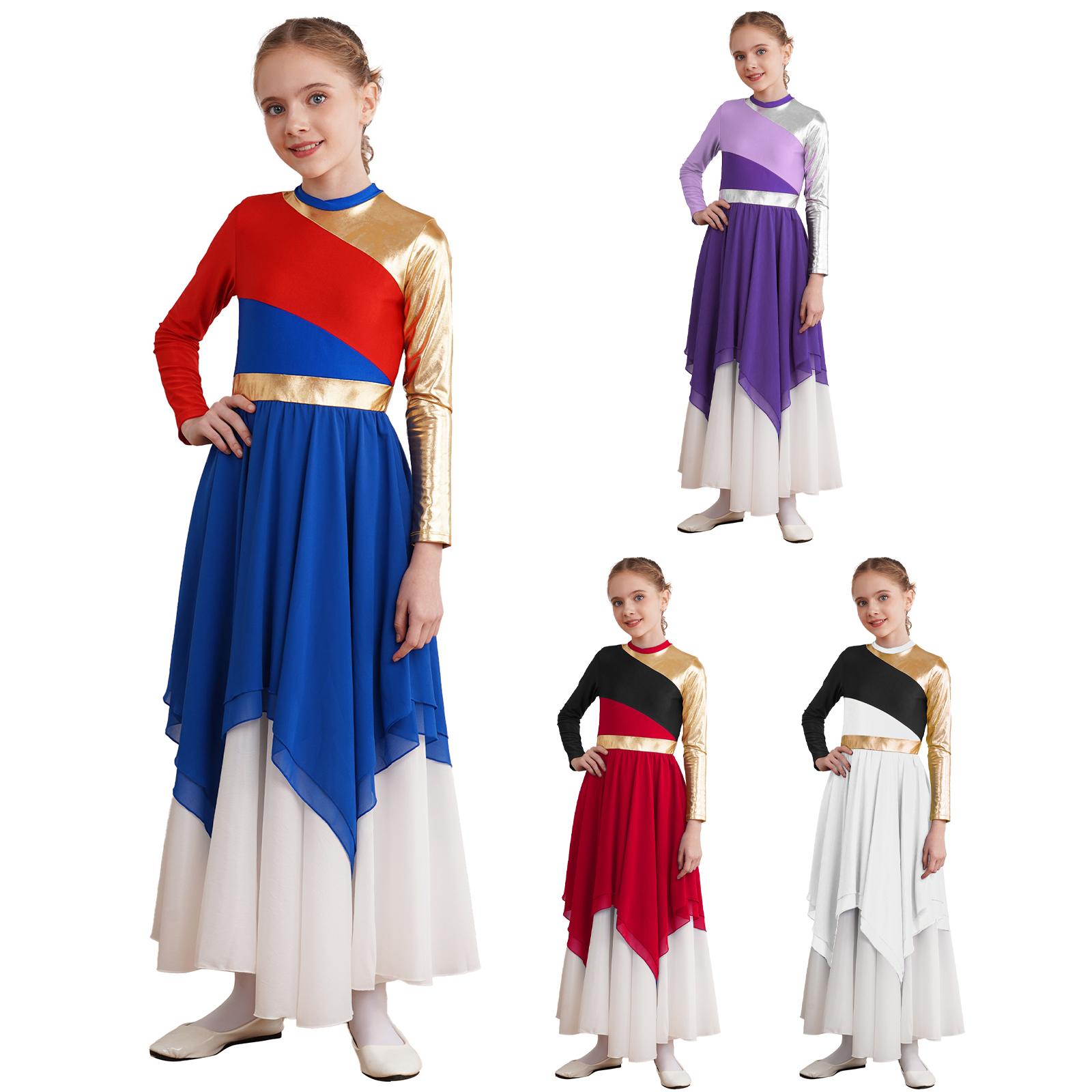 Yunduantong-electronic Meisjes Lof Lyrisch Dansjurk Lange Mouw Asymmetrische Chiffon Zoom Contrast Design Optreedkostuum 5-6 Years bordeaux