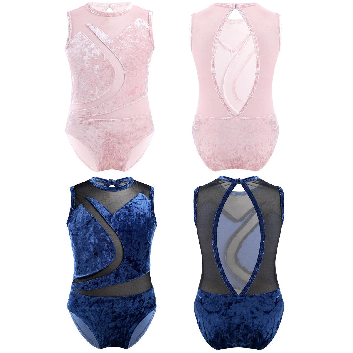 IEFiEL Kindermeisjes Danskleding Mouwloos Zacht Comfortabel Pleuche Mesh Splice Ballet Gymnastiek Maillots 14-16 Years marineblauwe kleur