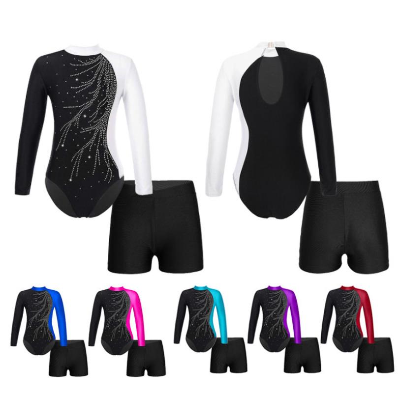 Inhzoy Meisjes Gymnastiek Turnpakje Unitard met lange mouwen en shorts 2-delige outfits Balletdansbodysuit Biketard Dancewear 13-14 Years wit