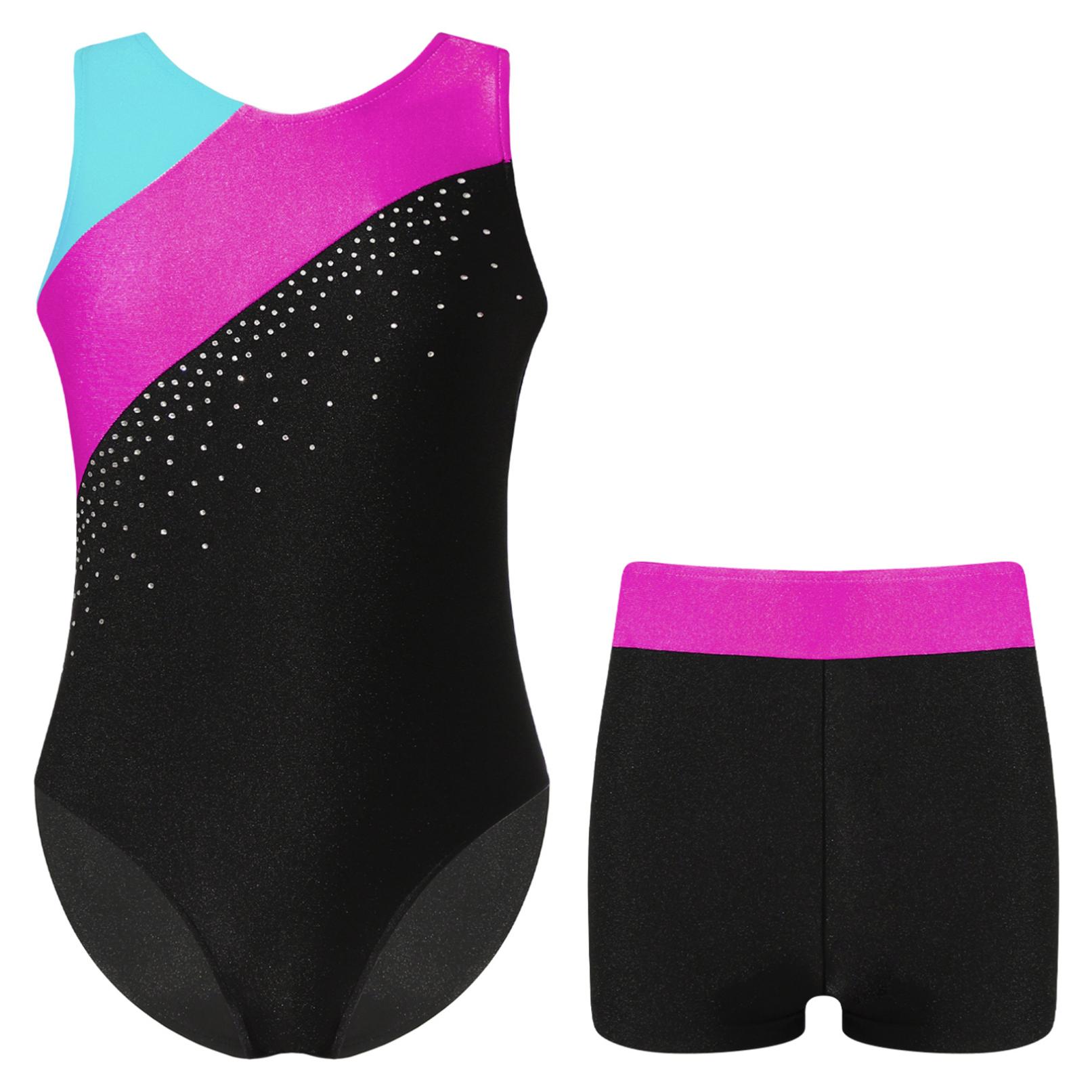 WinYing Meisjes Ballet Jersey Mouwloos Danspakje met Strass voor Kinderen en Kort Balletpakje Wedstrijd Danskostuum 7-8 Years warm roze kleur