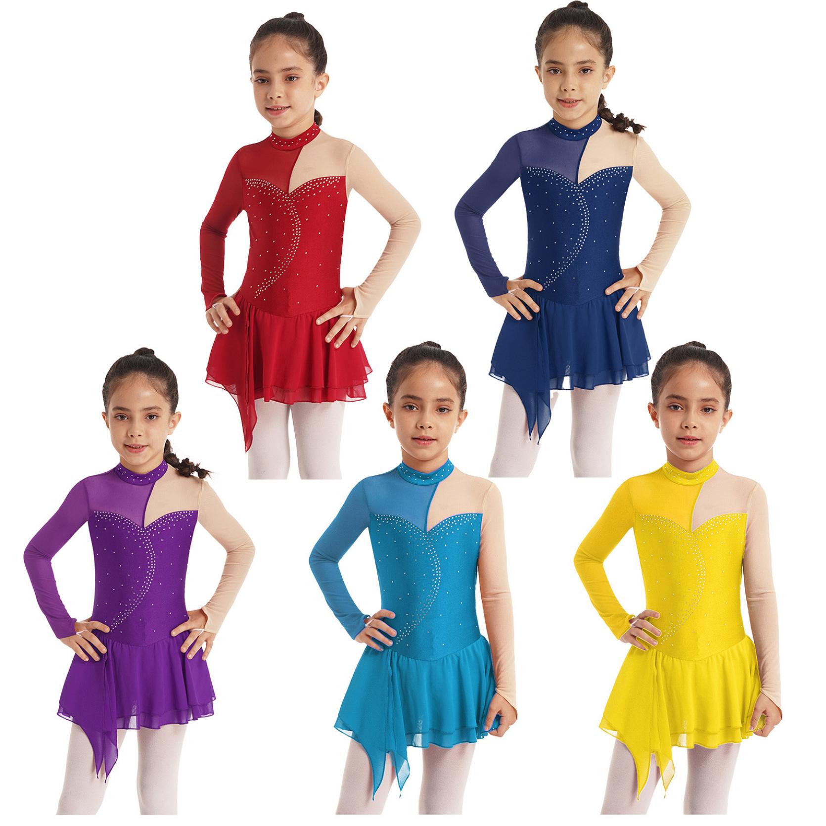 IEFiEL Meisjes Junior Sparkly Pailletten Lange Mouw Dansjurk Turnpakje Kunstschaatswedstrijd Kostuum Mooie Danskleding 7-8 Years paars