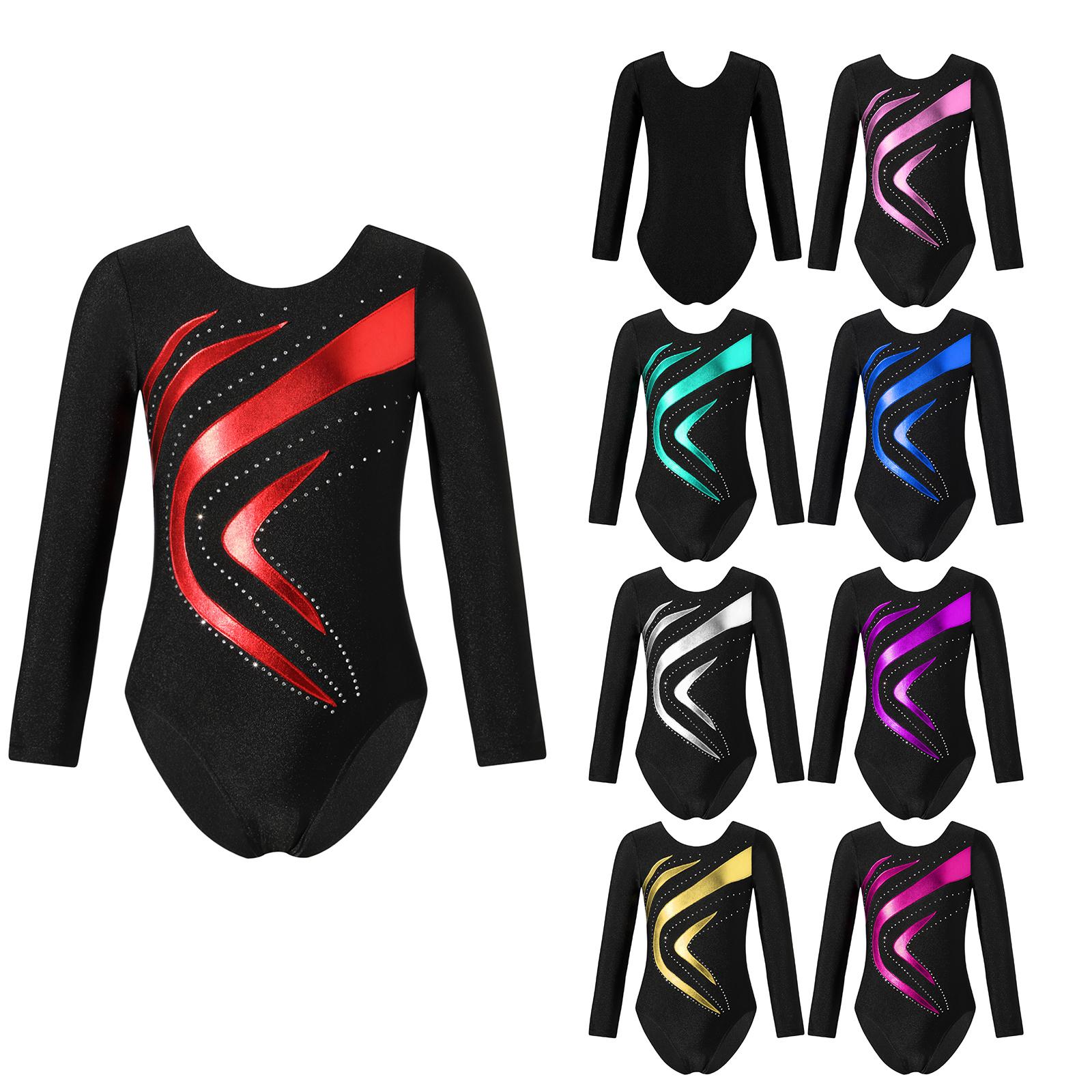ZDHoor Kinderen meisjes glanzend strass decor gymnastiek turnpakje ronde hals lange mouw fitness dans bodysuit outfit 7-8 Years rood