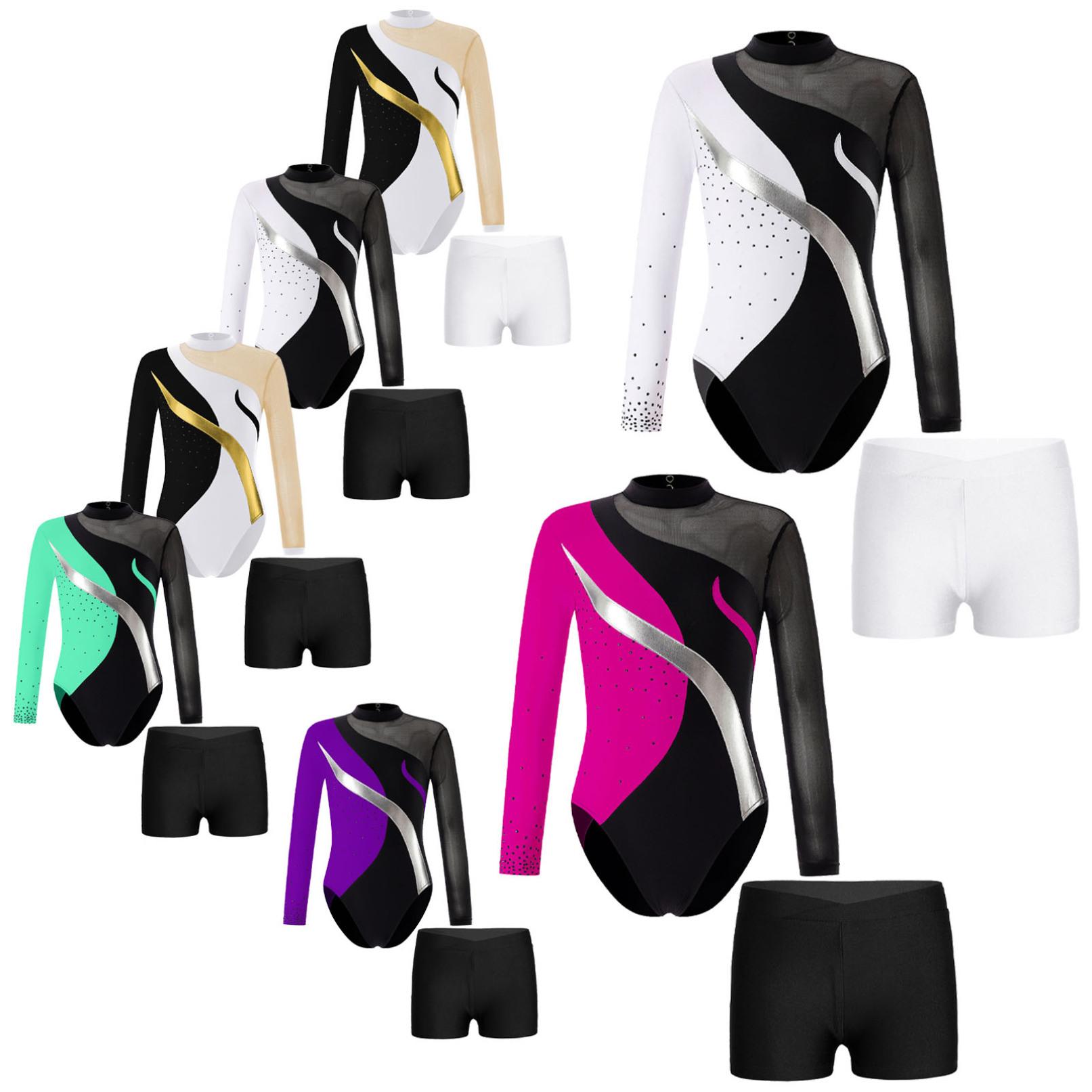 YOOJIA Danspakjes voor kinderen, meisjes, lange mouwen, met korte broek, strass-versieringen, prestatie-unitards, gymnastiekoutfits 7-8 Years wit/goud