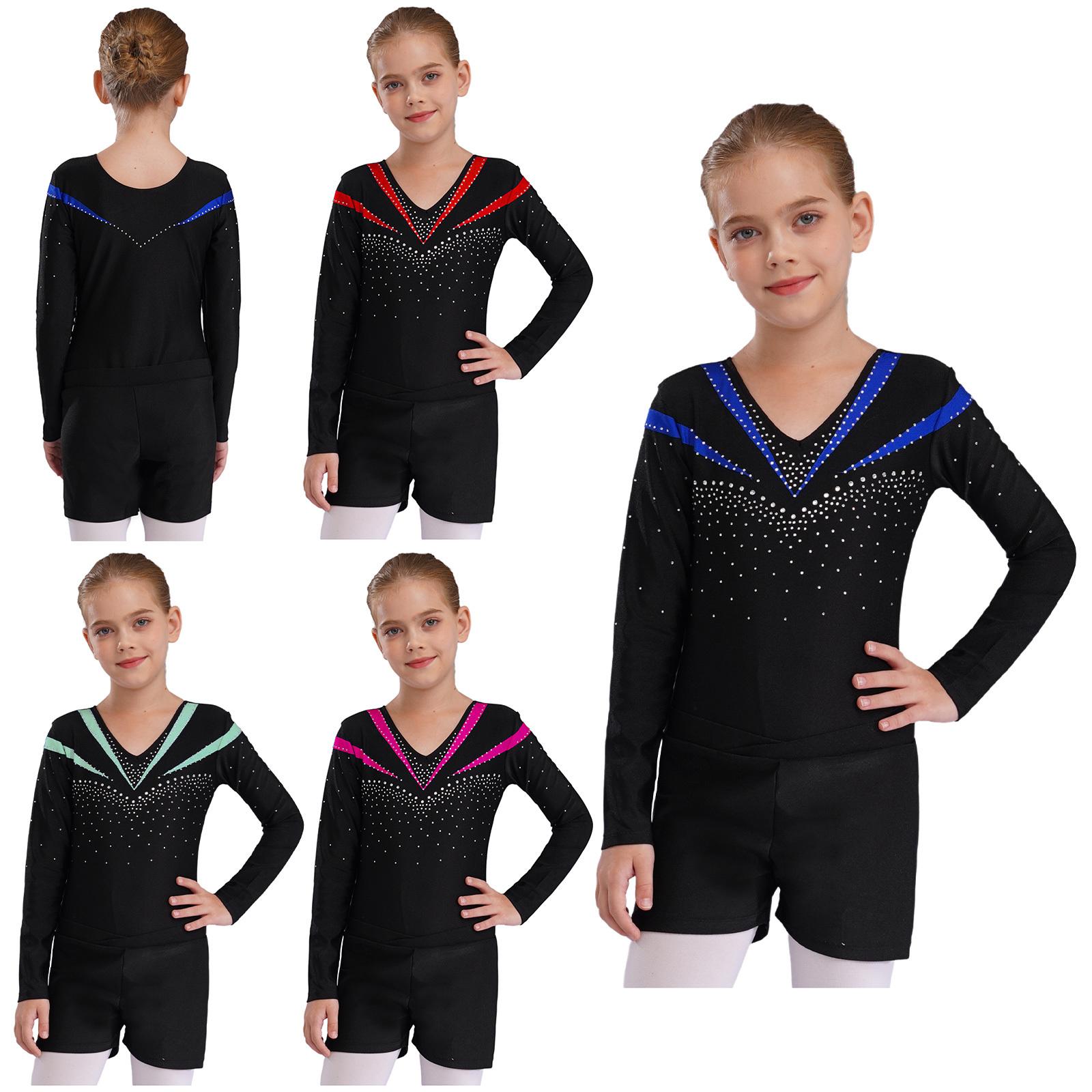 Inlzdz Girls Long Sleeve V Neckline Shiny Rhinestone Decorated Contrast Color Leotard V front Waistband Shorts Dance Sports Gymnastic Performance Outfit Cost 9-10 Years warm roze kleur