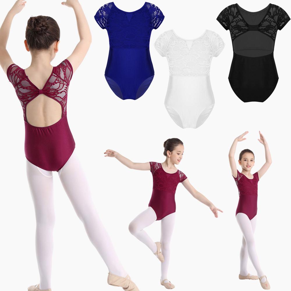 IEFiEL Kid meisjes korte mouw bloemen kant terug ballet jurk gymnastiek turnpakje ballerina danskleding bodysuit 7-8 Years wit