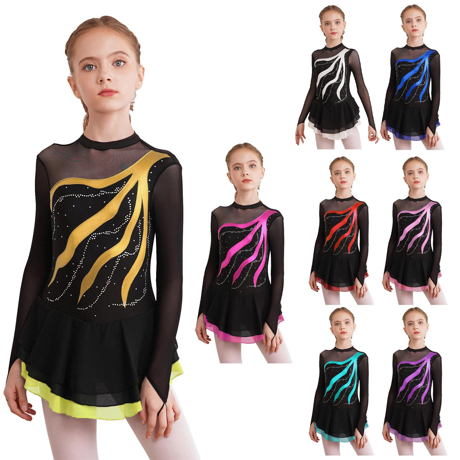 Ranrann Kinderen meisjes lange mouw kunstschaatsjurk glanzende strass mesh tutu ballet gymnastiek dans turnpakje jurk 5-6 Years geel