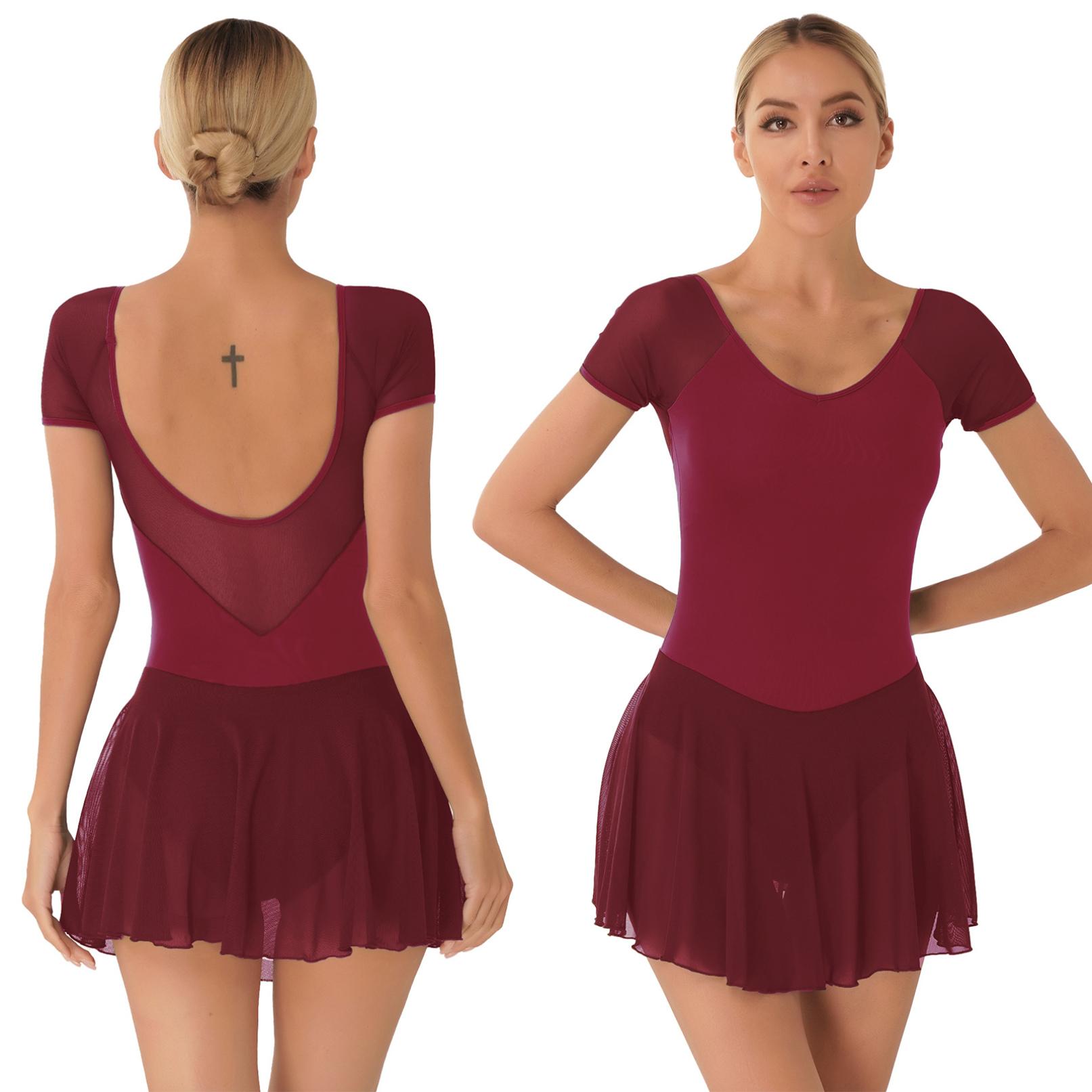 Ranrann Womens volwassen danstraining kostuum korte mouw backless jurk mesh patchwork ballet gymnastiek turnpakje jurken M