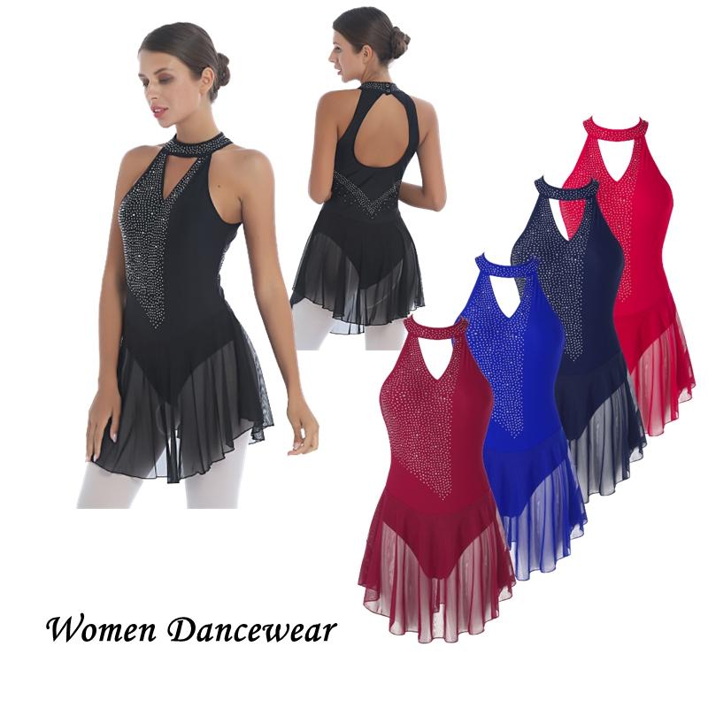 Fldy Dames Meisjes V-hals Backless Dansjurk Kunstschaatsen Rok Turnpakje Gymnastiek Jurken L rood