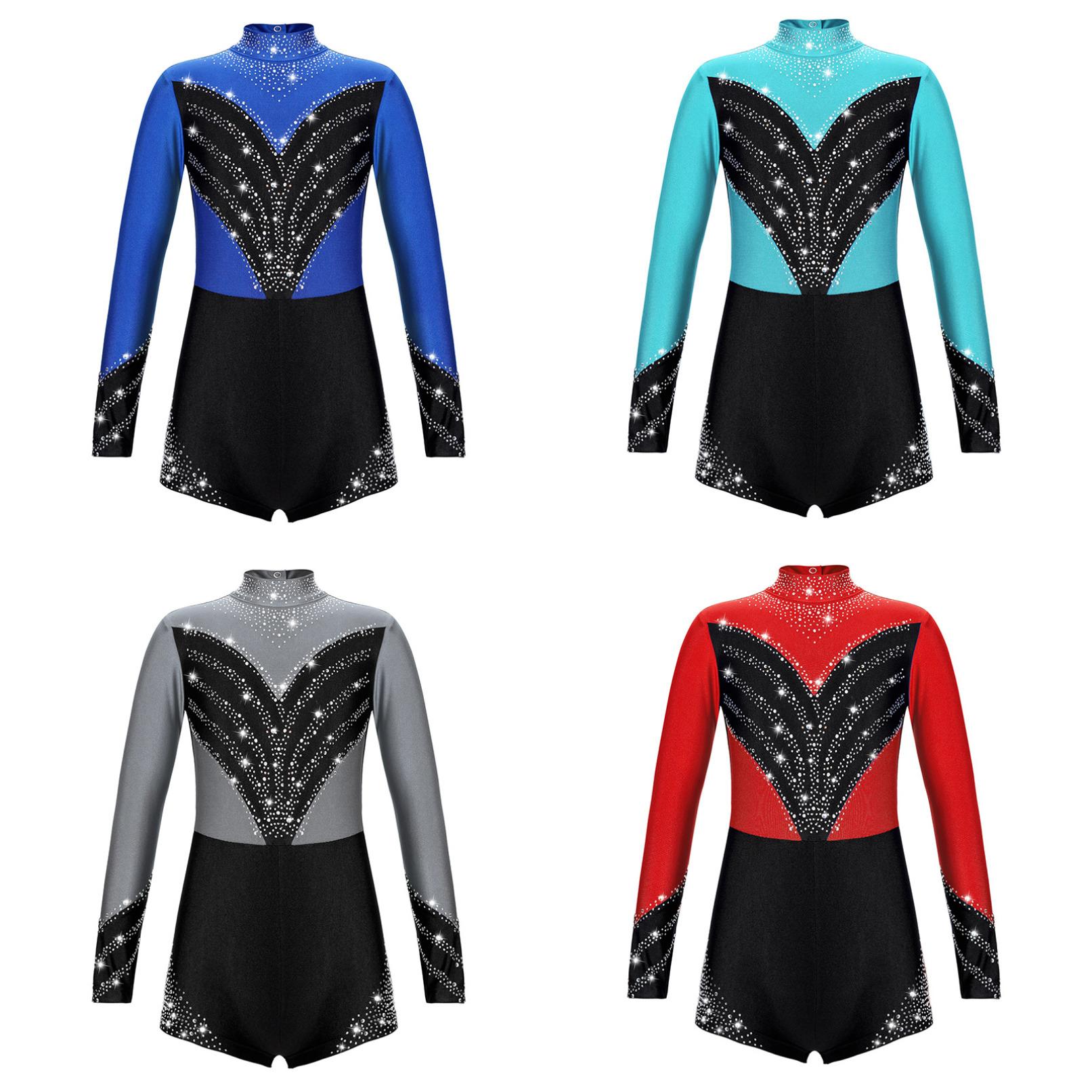 Ranrann Gymnastiek maillots voor kinderen meisjes lange mouwen opstaande kraag glanzende diamant atletische yoga dans turnpakje ballet schaatsen kostuum 15-16 Years rood