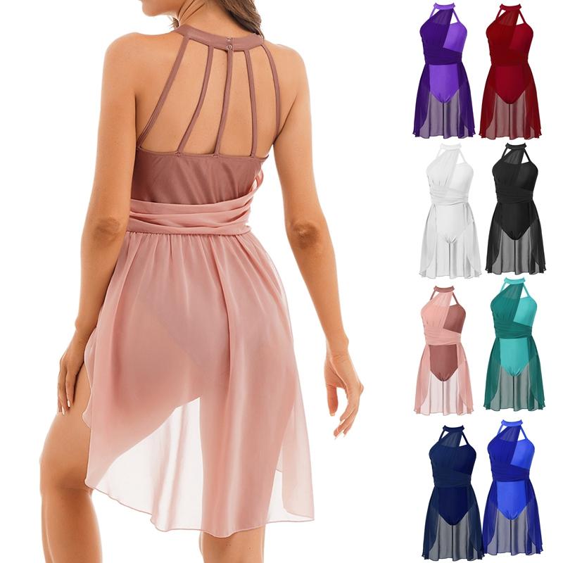 ZDHoor Womens chiffon patchwork lyrische dans ballet jurk kostuums danskleding turnpakje jurk L koningsblauwe kleur