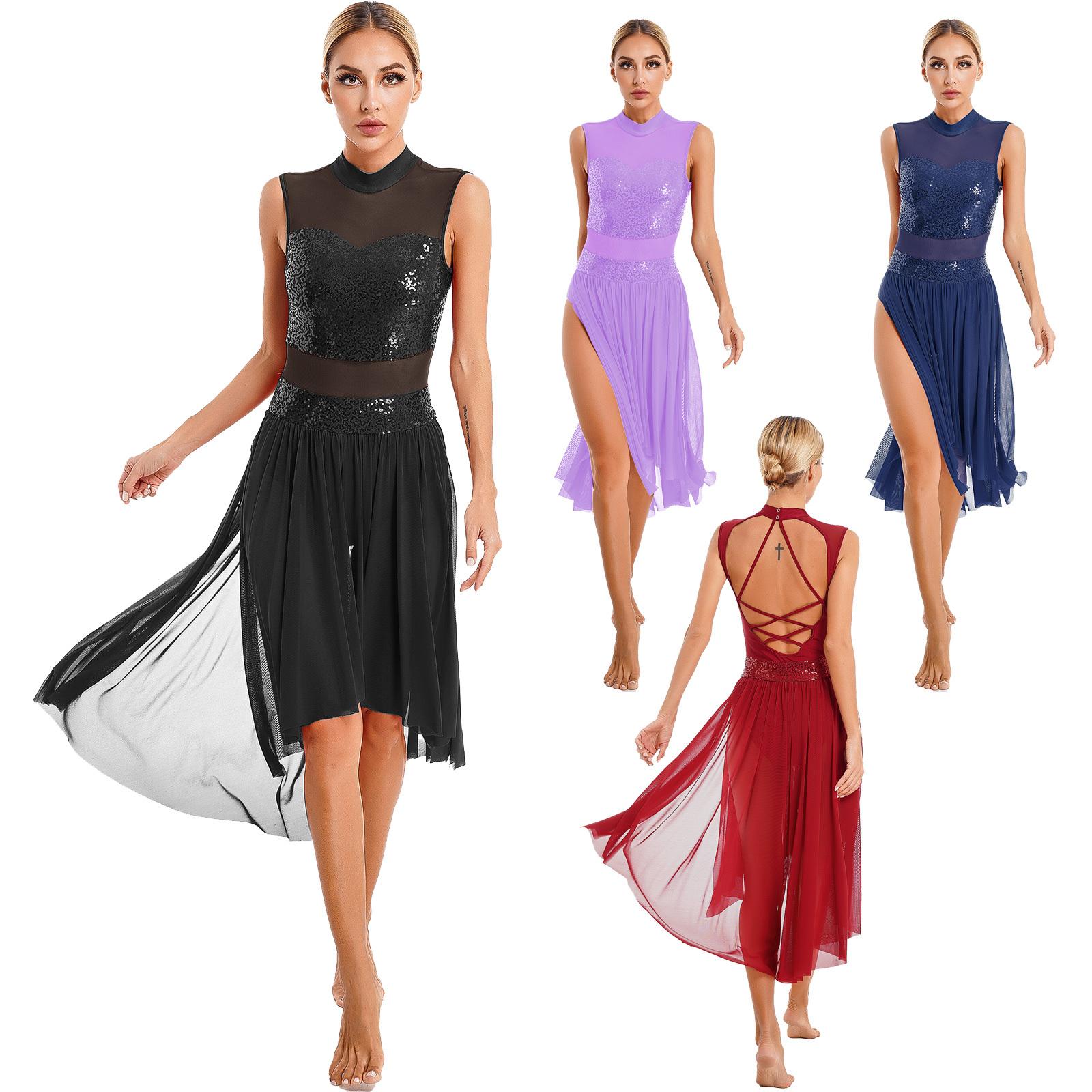 Sywiyi Dames balletjurk mouwloos pailletten uitsnijding turnpakje hedendaagse lyrische dansjurk mesh splitrok ballerina danskleding XXL marineblauwe kleur