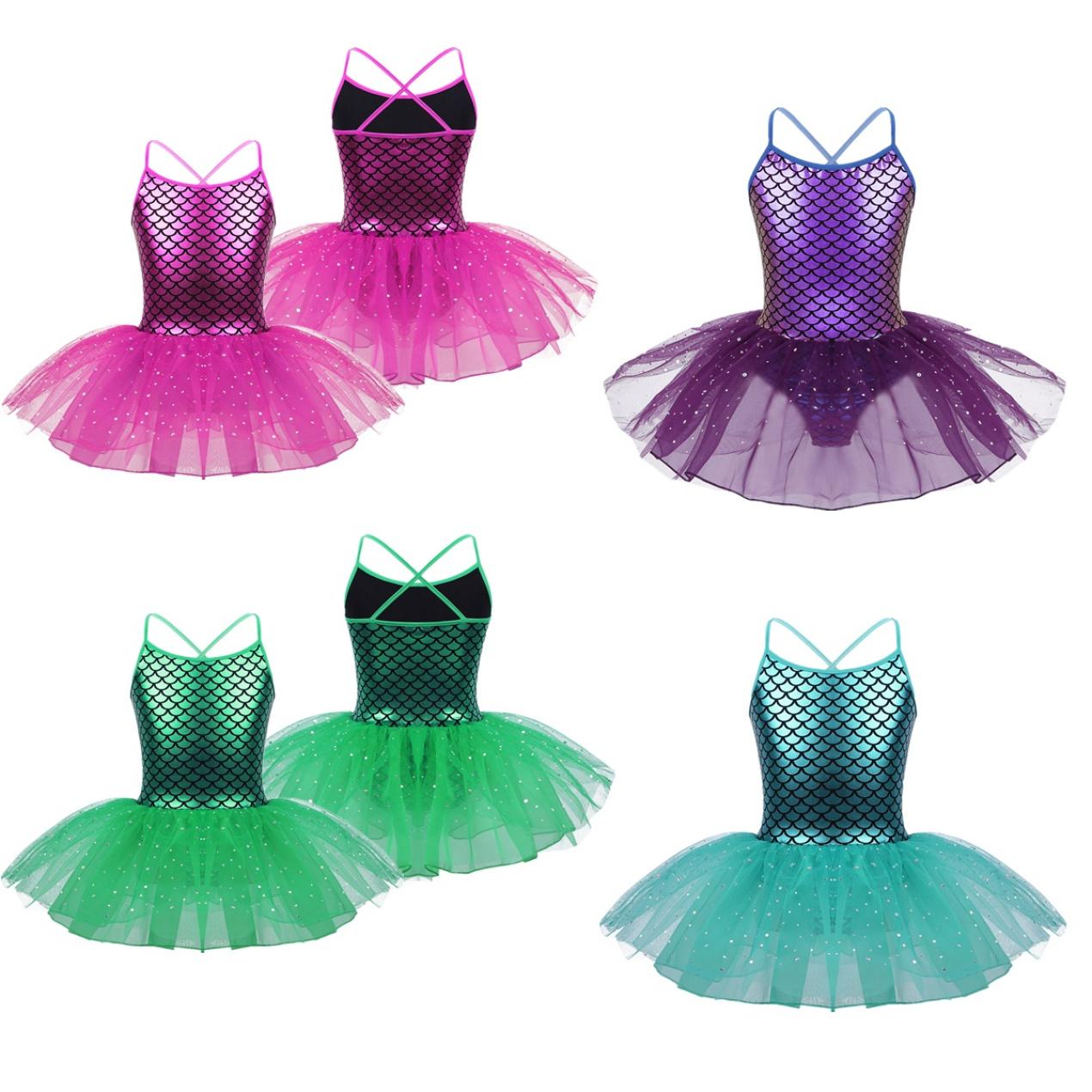 IEFiEL Kinderen Meisjes Schubben Sparkle Schouderbanden Gymnastiek Ballet Dans Maillots Tutu Jurk Zeemeermin Kostuum 8-10 Years rozerode kleur