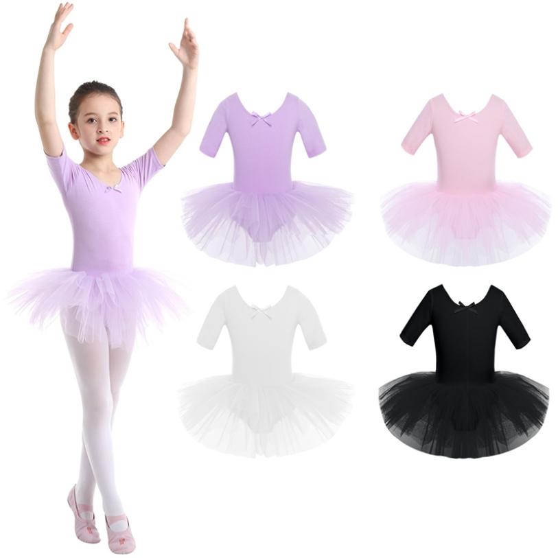 Ranrann Meisjes Ballet Dans Maillots Korte Mouw Gymnastiek Turnpakje Jurk Tutu Rokken voor Stage Performance 8-10 Years wit