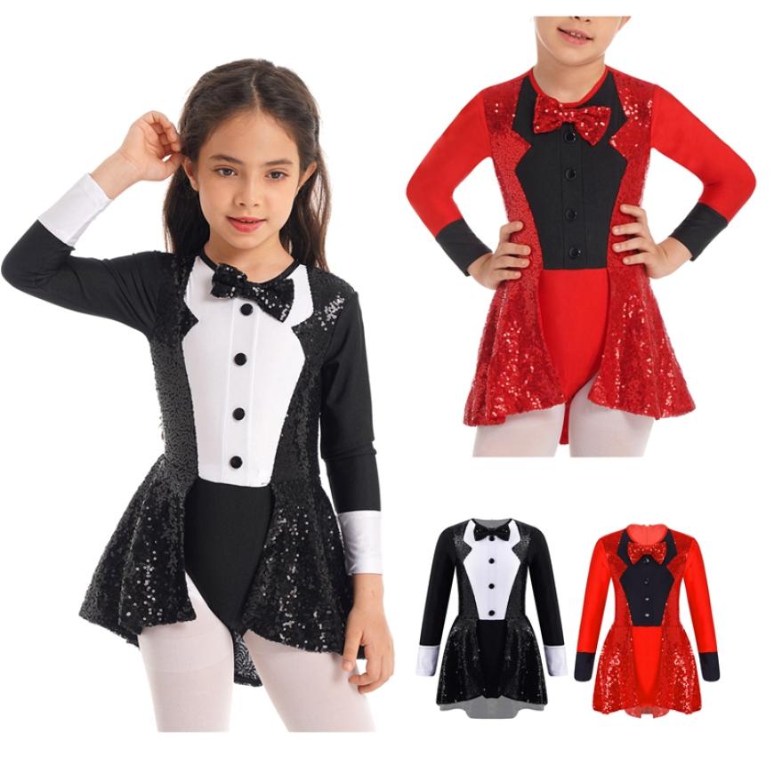 IEFiEL Kinderen Meisjes Lange Mouw Ballroom Latin Jazz Ballet Dans Jurk Strikje Pailletten Decor Turnpakje Dancewear Cosplay Kostuum 10-12 Years rood