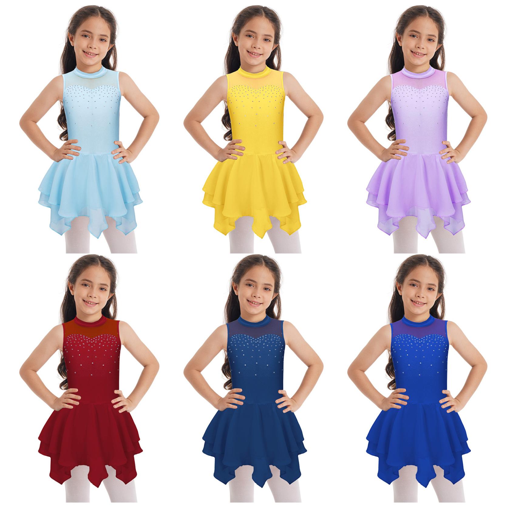 IEFiEL Kinderen meisjes mouwloos patchwork stijl holle rug dansjurk kunstschaatsen gymnastiekkostuum 7-8 Years geel