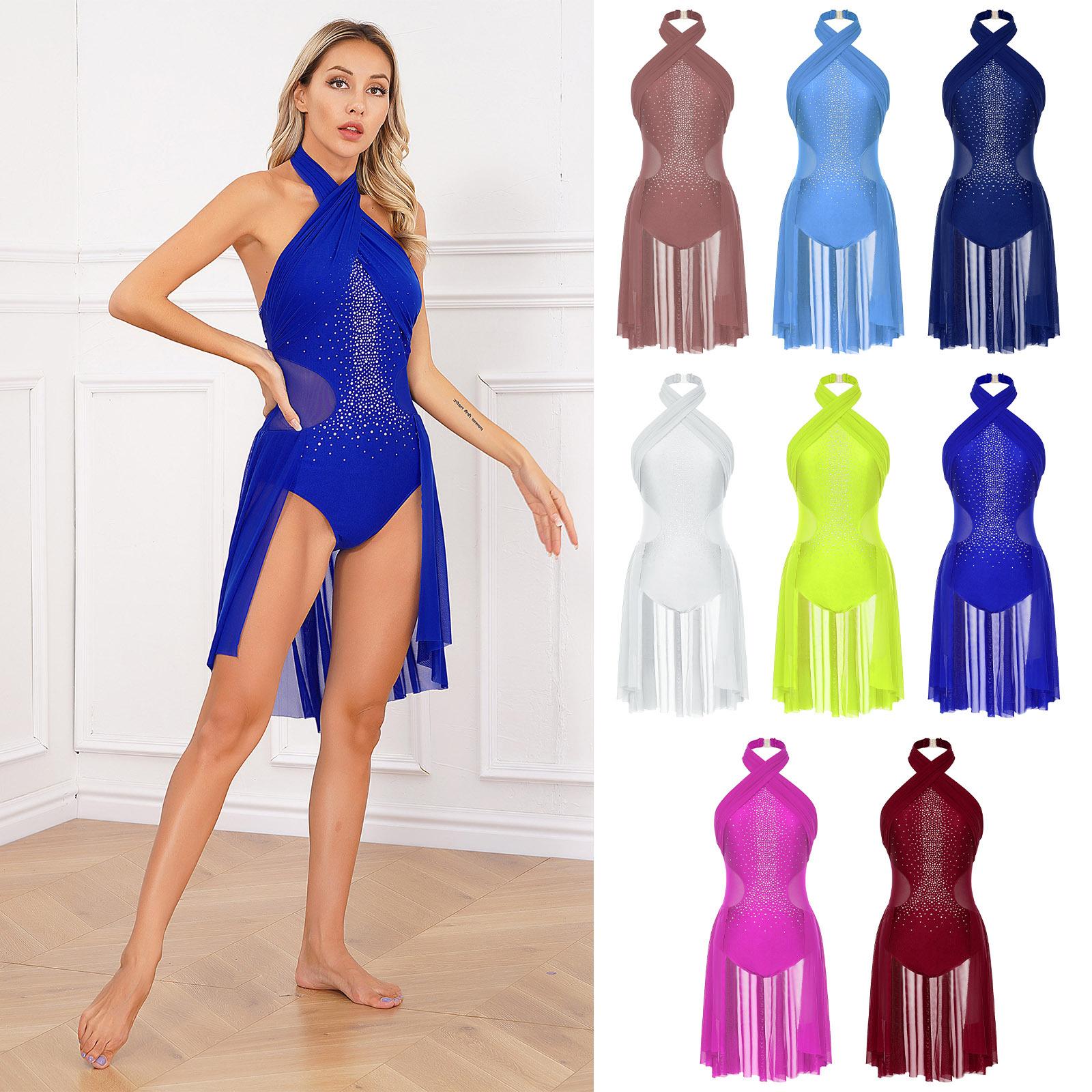 Linjinx Dames volwassen ballet hedendaagse dansjurk lyrische chiffon flowy jurk mouwloze kunstschaatsen gymnastiek turnpakje jurk XL lichtblauwe kleur