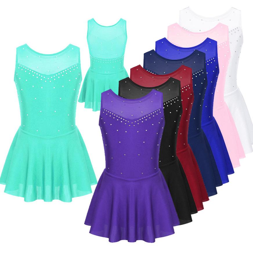 Yunduantong Mouwloze balletdans turnpakje jurk zachte sprankelende strass tule rug figuur schaatsen gymnastiekkostuums tutu rok 13-14 Years paars