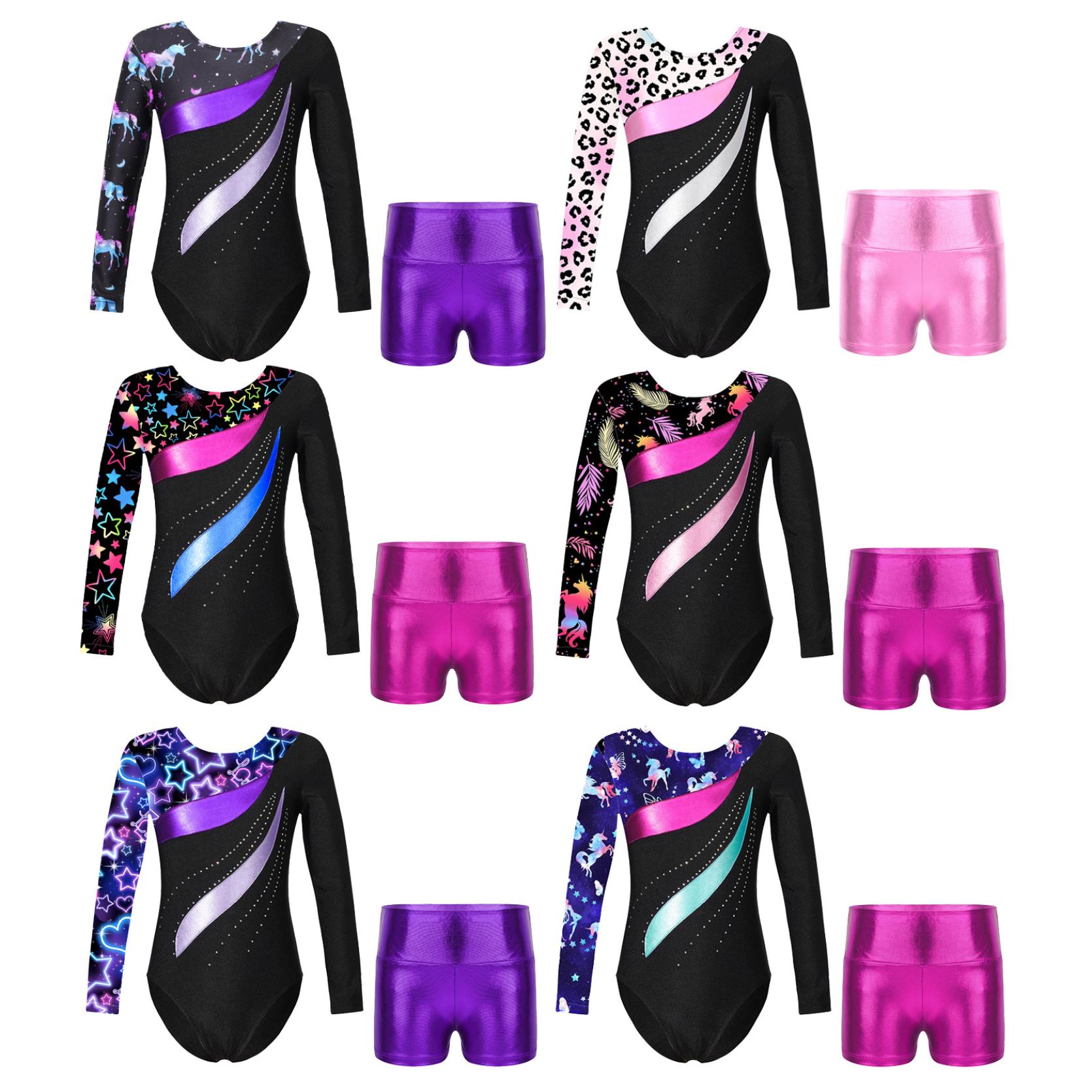IEFiEL Maillots voor meisjes Gymnastiek Kinderen Kinderen Biketard met shorts Ballet Sparkly Shorts Dans Unitards 5-6 Years roze