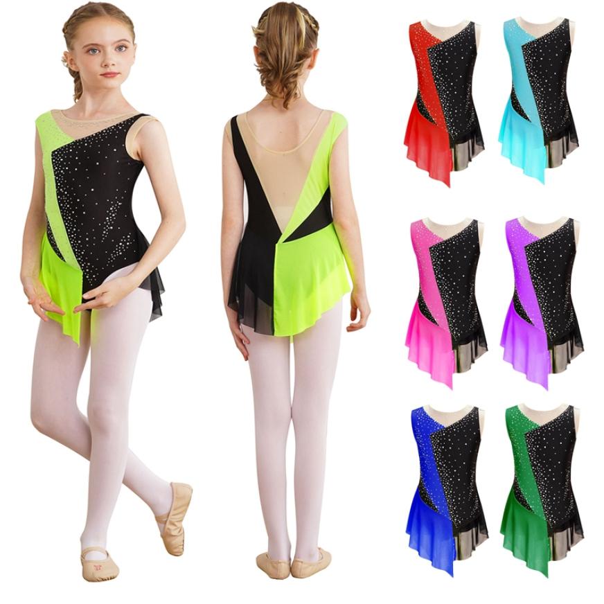 Yunduantong-electronic Kinderen Meisjes Ballet Jazz Moderne Dans Bodysuit Glinsterende Strass Mesh Splice Ritmische Gymnastiek Podiumkleding Fancy Schaatsen Jumpsuit 9-10 Years groen