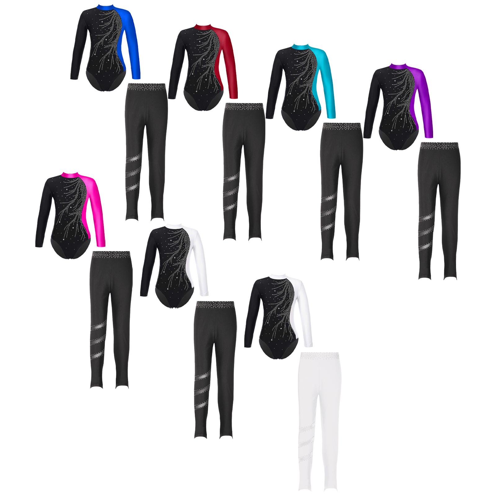 Aislor Kinderen Meisjes 2 Stuks Gymnastiek Dansoutfits Maillots met lange mouwen en legging Atletische Biketards Unitards 15-16 Years zwart/helder roze