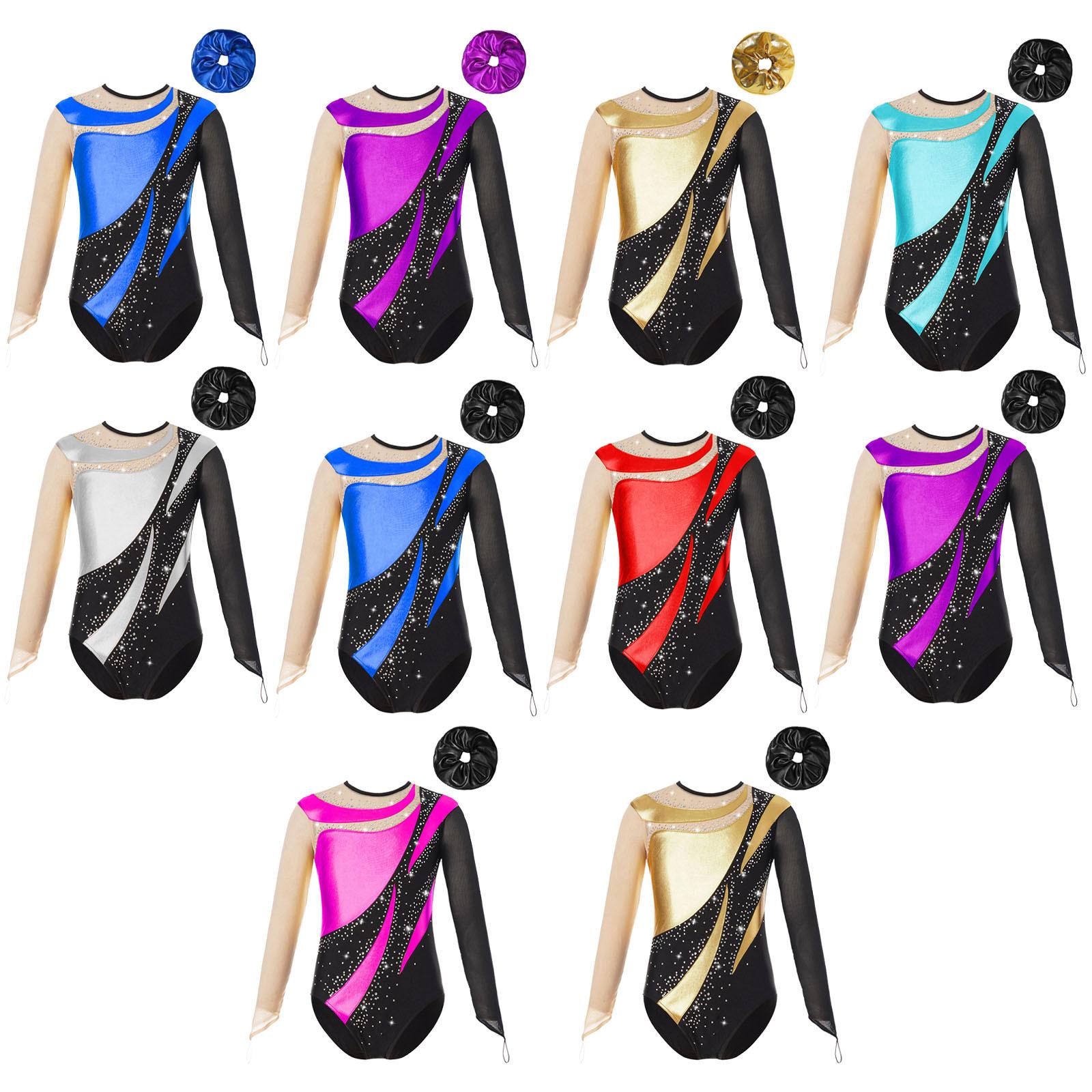 Aislor Kinderen meisjes danskleding sleutelgat terug turnpakje jumpsuit met lange mouwen en haarband voor gymnastiek kunstschaatsen 15-16 Years koningsblauwe kleur