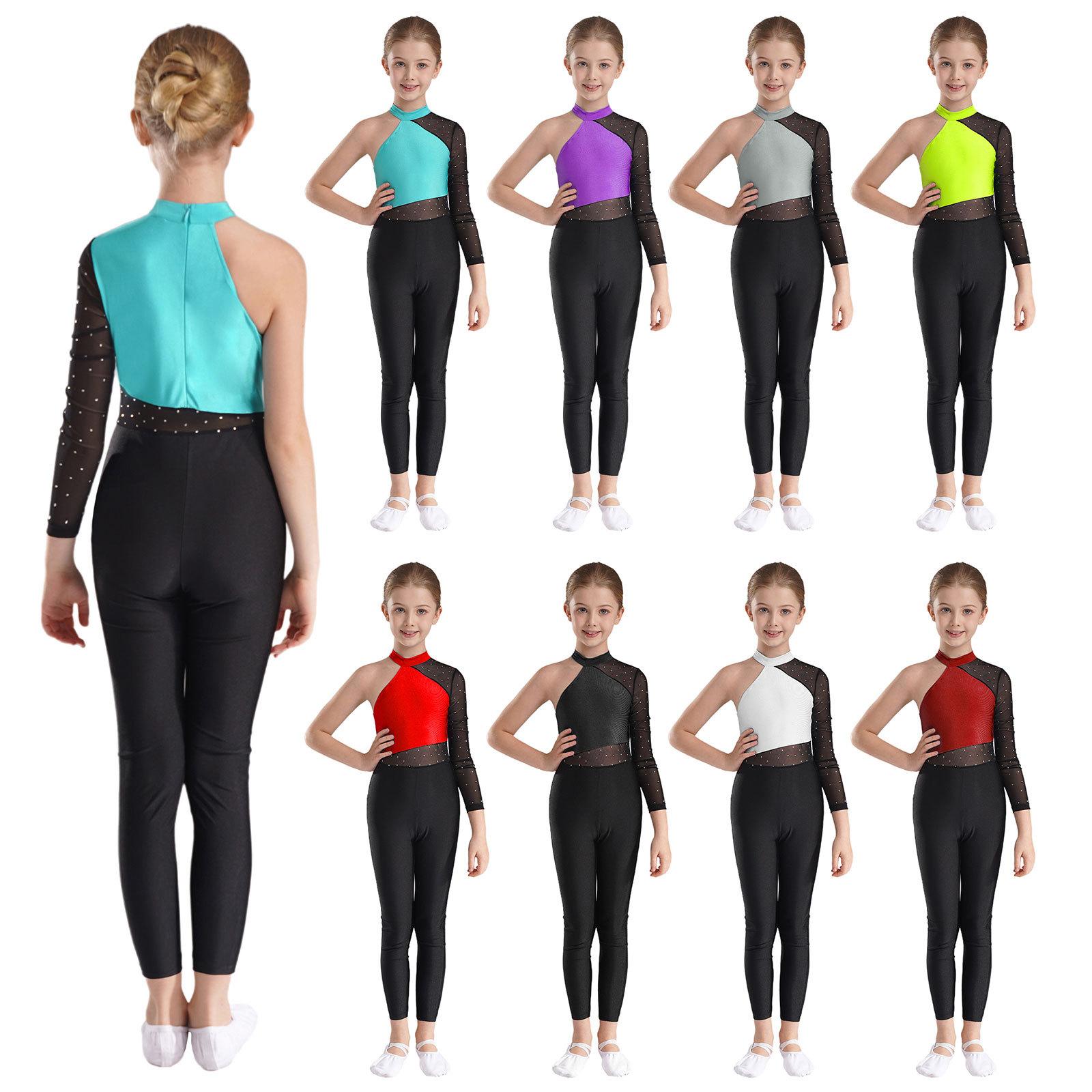 Yunduantong-electronic Meisjes Een Mesh Mouw Volledige Lichaamsbedekking Jumpsuits Gymnastiek Ballet Moderne Dans Uniform Unitard IJs Schaatsen Competitie Kostuum 11-12 Years paars