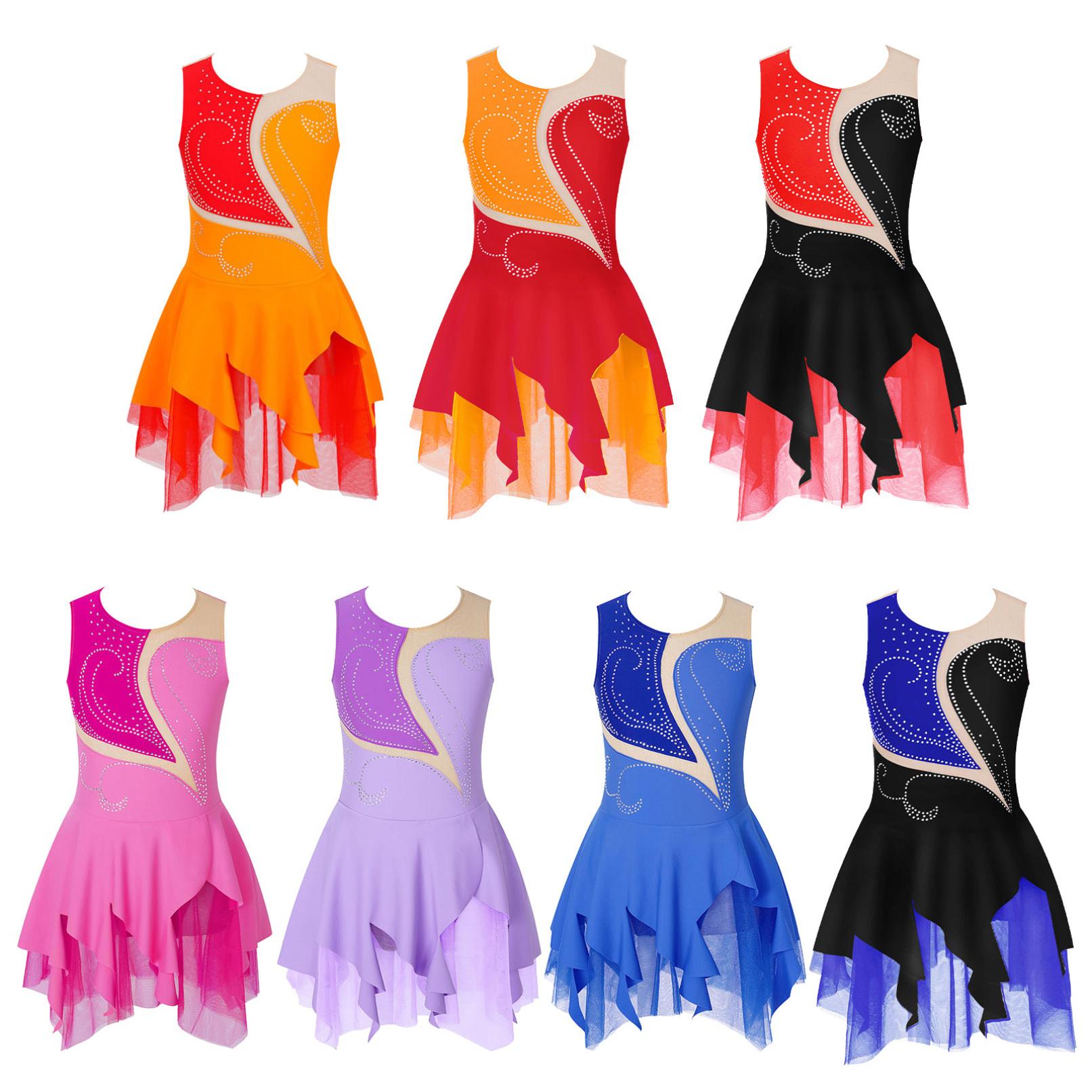 Ranrann Kinderen Glinsterende Strass Tule Ballet Gymnastiek Leotard Meisjes Kunstschaatsen Jurk Lyrische Hedendaagse Dans Kostuums 9-10 Years blauw