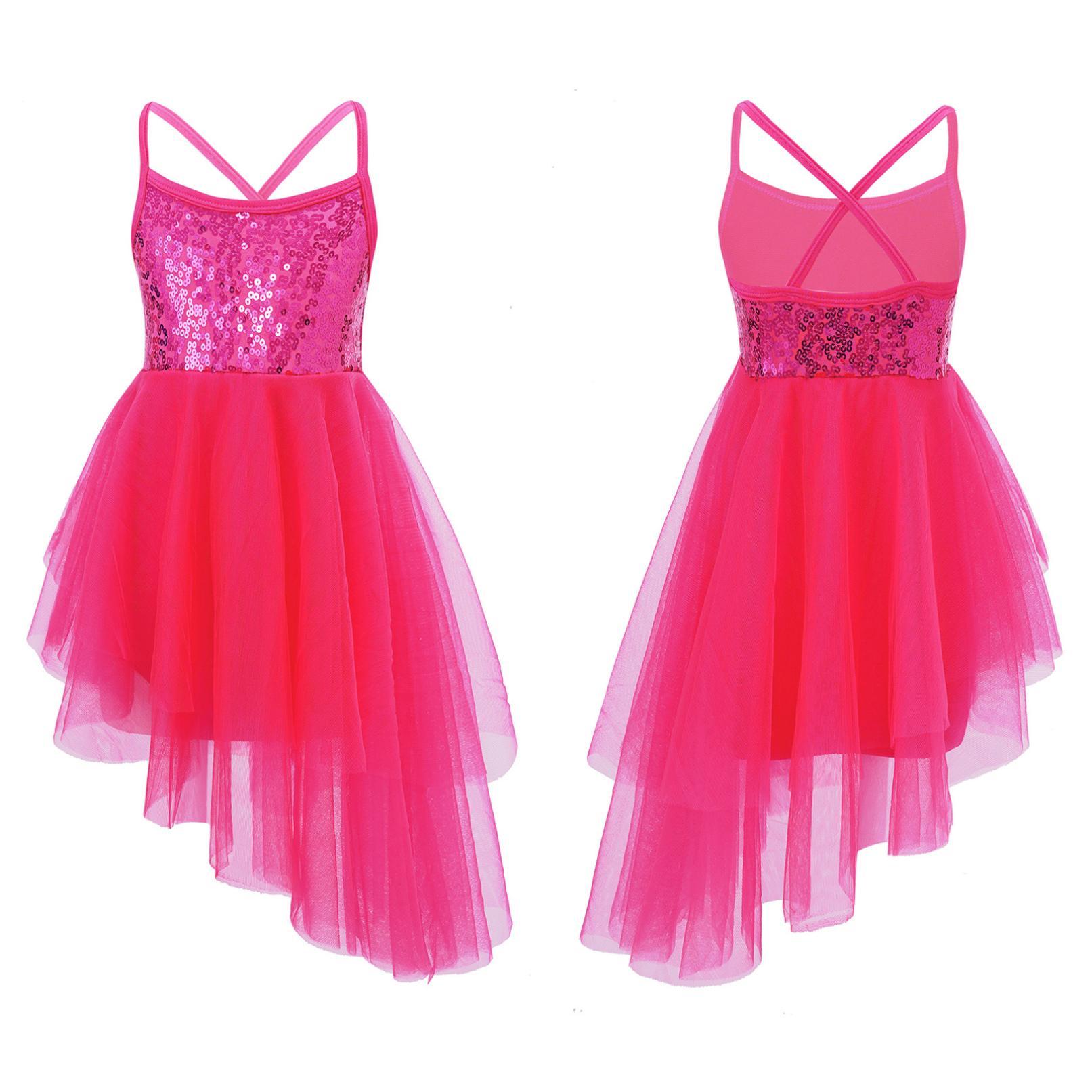 Ranrann Kinderen meisjes gymnastiek turnpakje ballet tutu jurk ballerina mouwloze pailletten tule lyrische danskostuum 9-10 Years helder roze