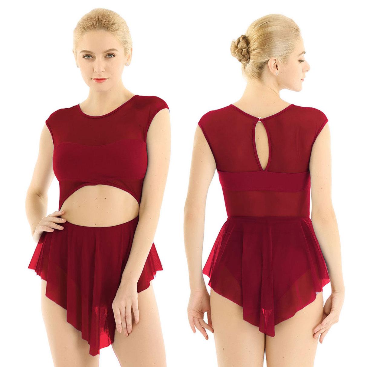 YONGHS Dames balletjurk mouwloos ronde hals uitgesneden voorkant asymmetrische mesh gymnastiek lyrische danskostuum X-Large zwart