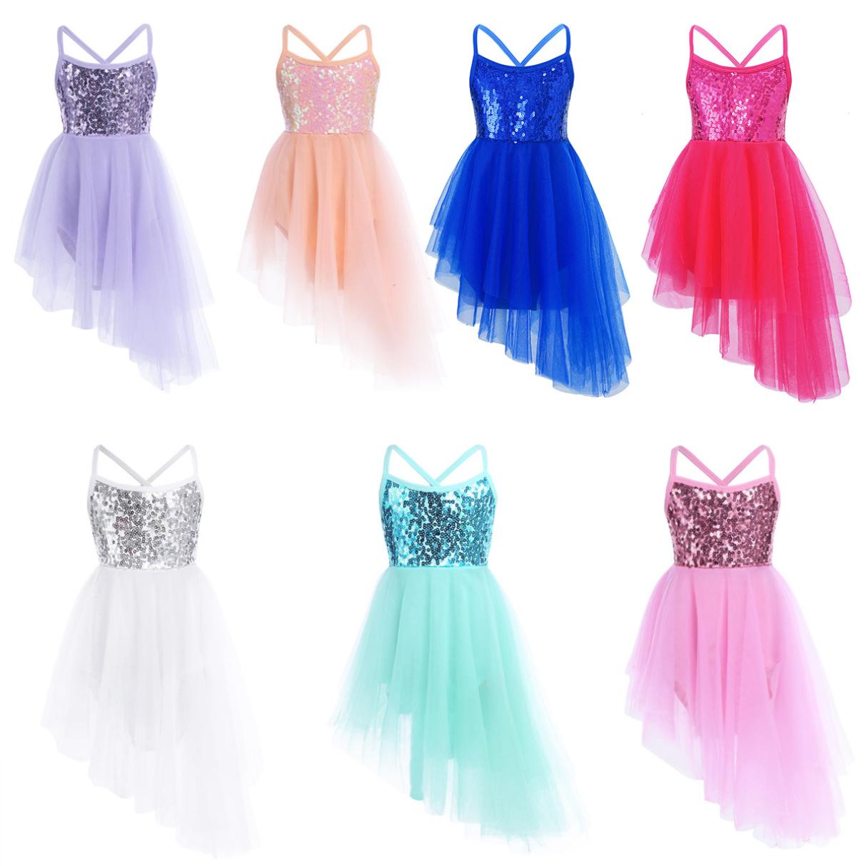 Manyakai Kinderen Meisjes Stage Dance Kleding Mouwloze Pailletten Asymmetrische Tule Ballet Dans Gymnastiek Turnpakje Jurk 9-10 Years ivoor