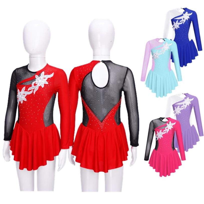 Inlzdz Kinderen Meisjes Figuur Schaatsen Jurk Lange Mouw Sparkly Strass Mesh Splice Gymnastiek Turnpakje Jurk Danskleding 7-8 Years lichtblauwe kleur