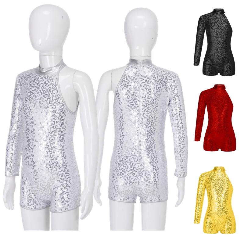 ZDHoor Stijlvolle kleding voor kinderen, meisjes, enkele lange mouw, ronde kraag, glanzende pailletten, jazzdanspakjes 13-14 Years rood