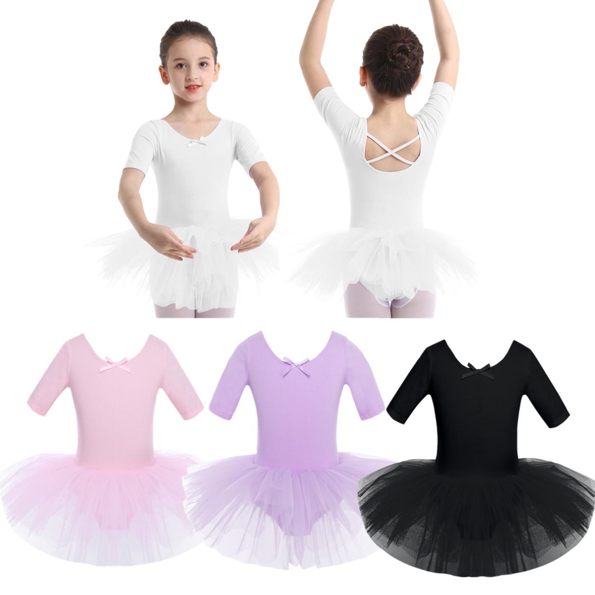YONGHS Kleine grote meisjes korte mouw Tutu Tule ballet dans gymnastiek turnpakje jurk danskleding 4-5 Years zwart