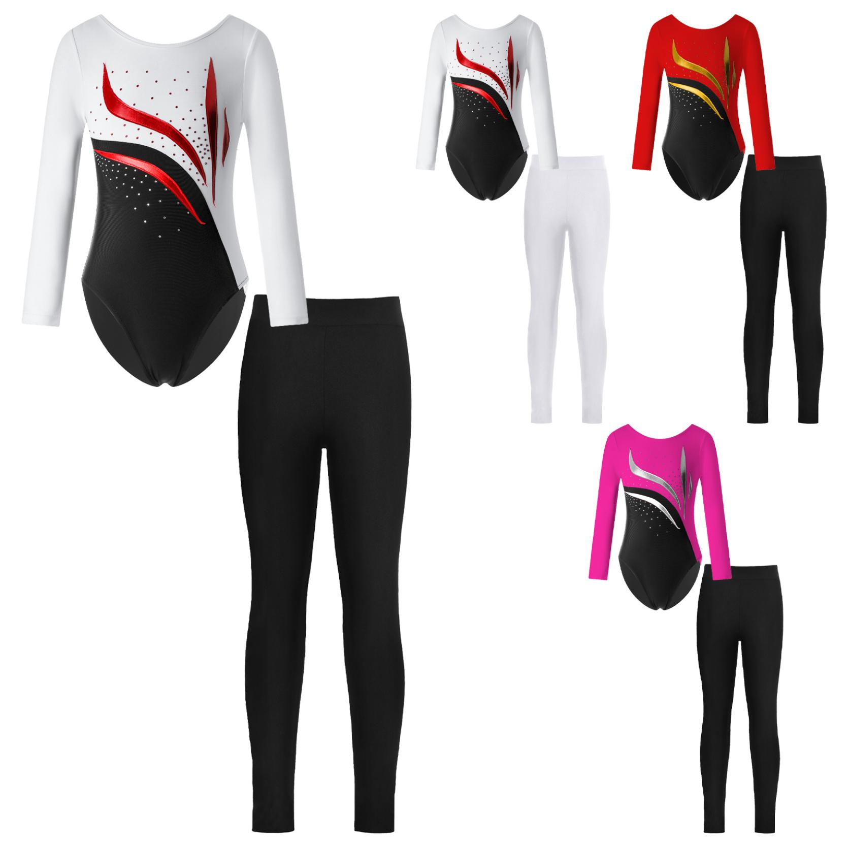 IEFiEL Kinderen meisjes 2-delige schaatskleding met lange mouwen glanzend strass decor turnpakje met legging set voor danstraining 7-8 Years rood/zwart