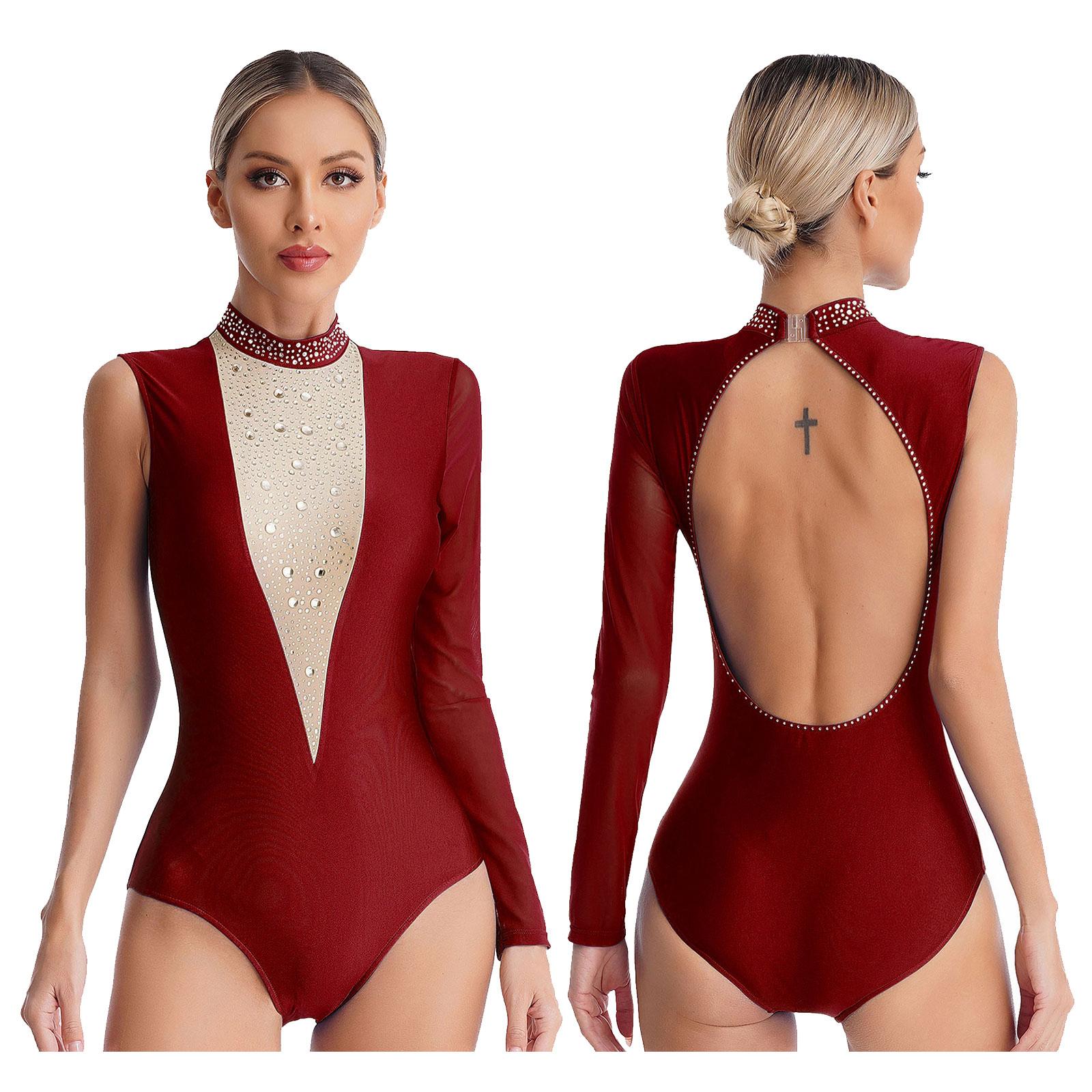 Yunduantong-electronic Vrouwen Meisjes Patchwork Ritmische Gymnastiek Atletische Actieve Kleding Bodysuit Open Rug Ballet Dans Leotard Kunstschaatsen Kostuum L bordeaux