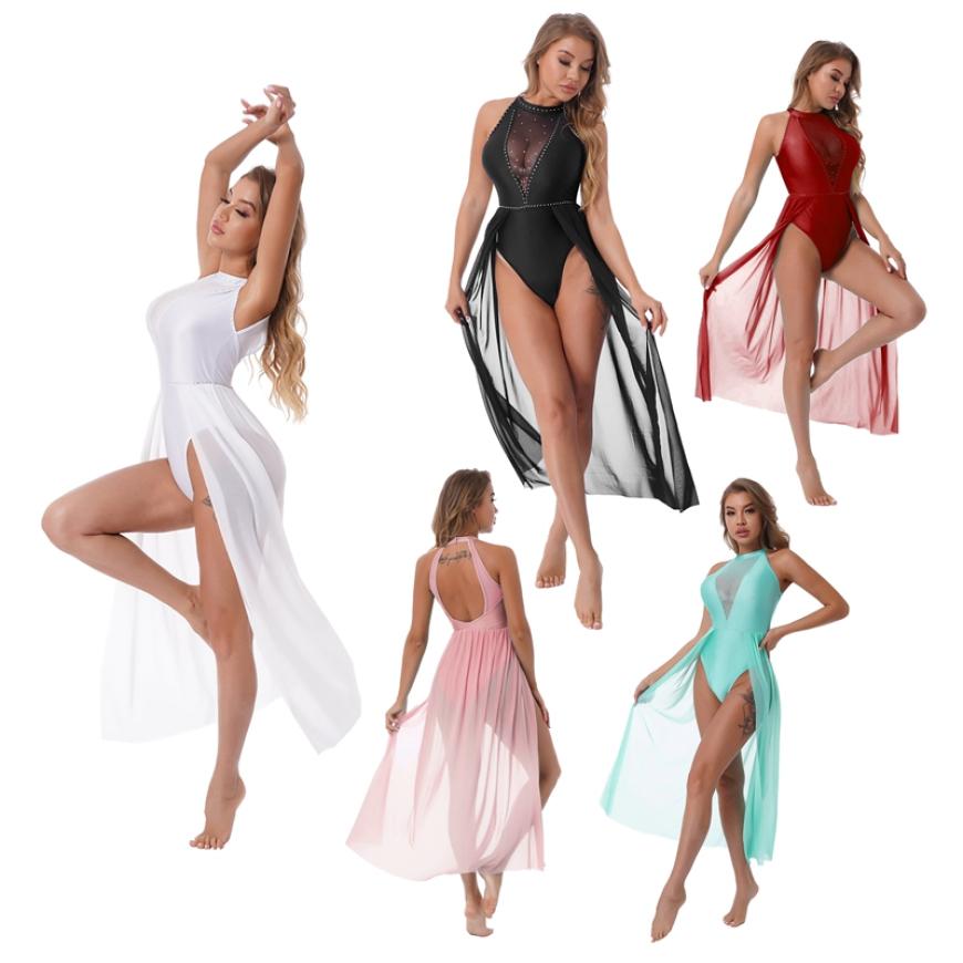 IEFiEL Dames balletjurk ballerinakostuums strass halter mouwloos lyrische dansjurk turnpakje podiumvoorstellingjurken XL groen