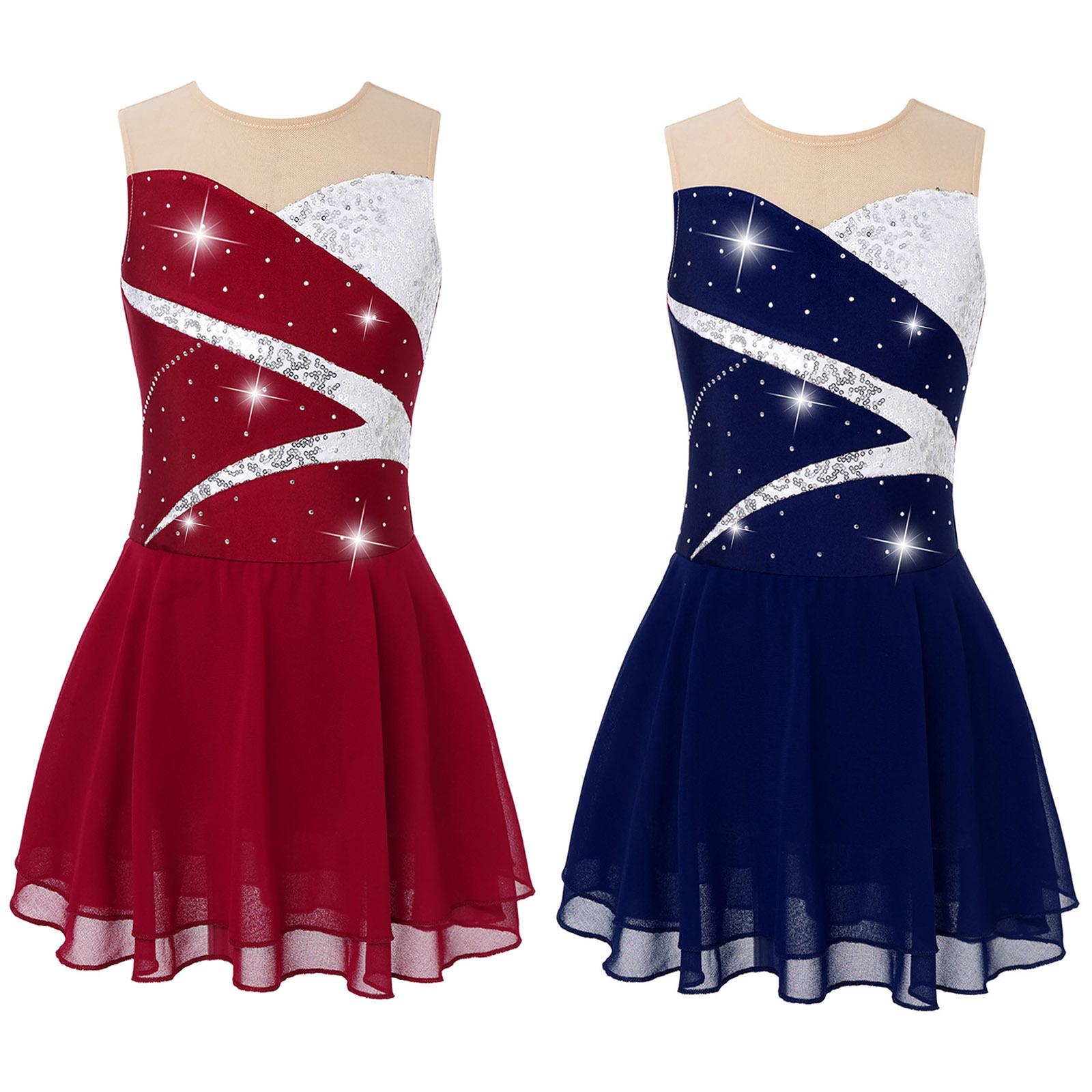 Sywiyi Kinderen Meisjes Dans Mesh Splice Mouwloos Ballet Turnpakje Jurk Dancewear Schaatsen Kostuums 9-10 Years donkerblauwe kleur