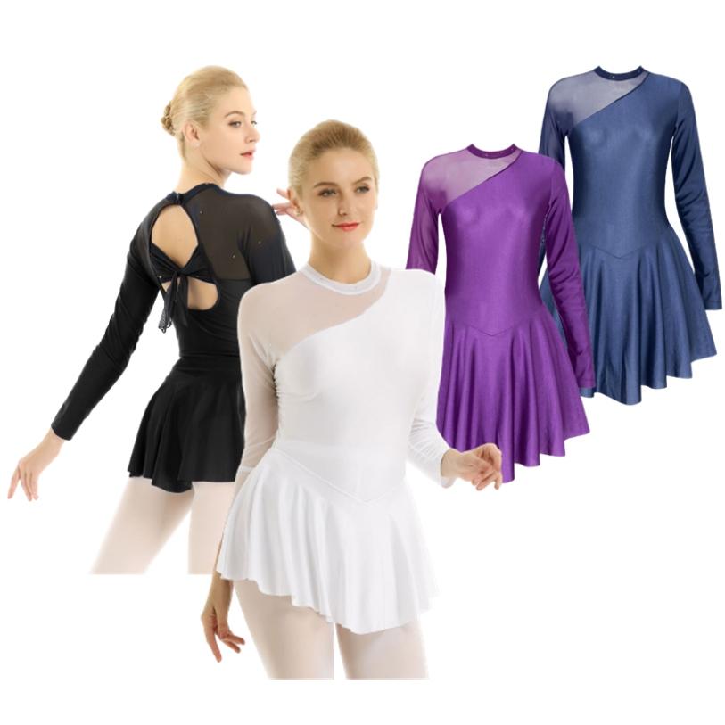 Daenrui Dames Dansjurk met lange mouwen Kunstschaatsen Gymnastiek Training Prestaties Turnpakje Jurk Small marineblauwe kleur