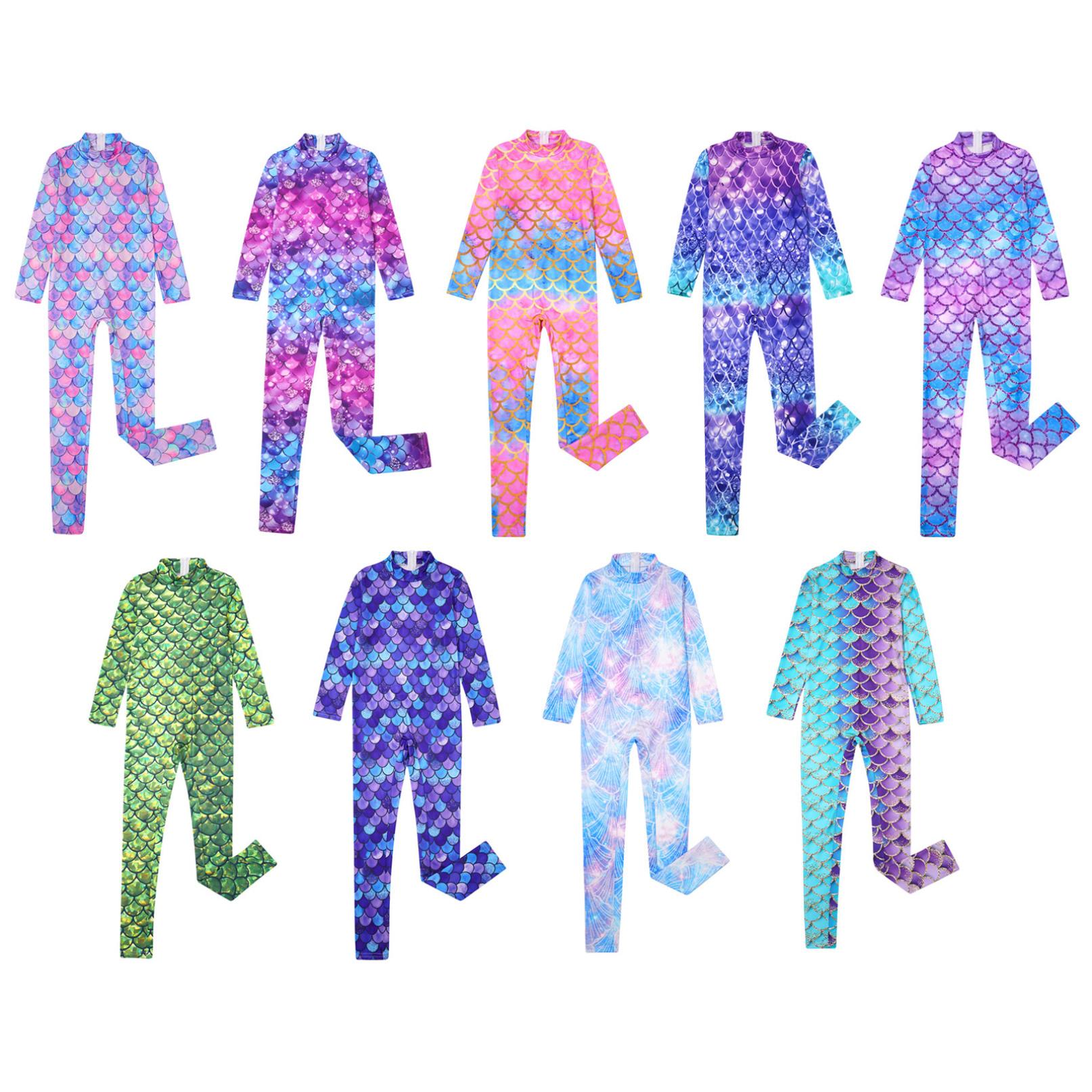 Inlzdz Gymnastiek maillots voor meisjes met lange mouwen zeemeermin jumpsuit bodysuit tumbling unitards dans ballet biketards 7-8 Years paars/meer blauwe kleur