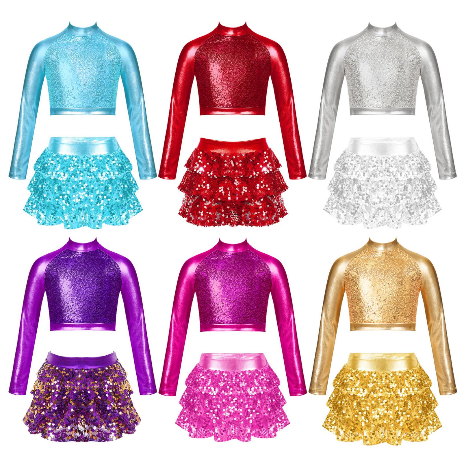 Ranrann Kinderen meisjes jazzdansvoorstelling kostuum glanzend metallic crop top met lange mouwen en shorts met rok ballet gymnastiekoutfits 9-10 Years goud
