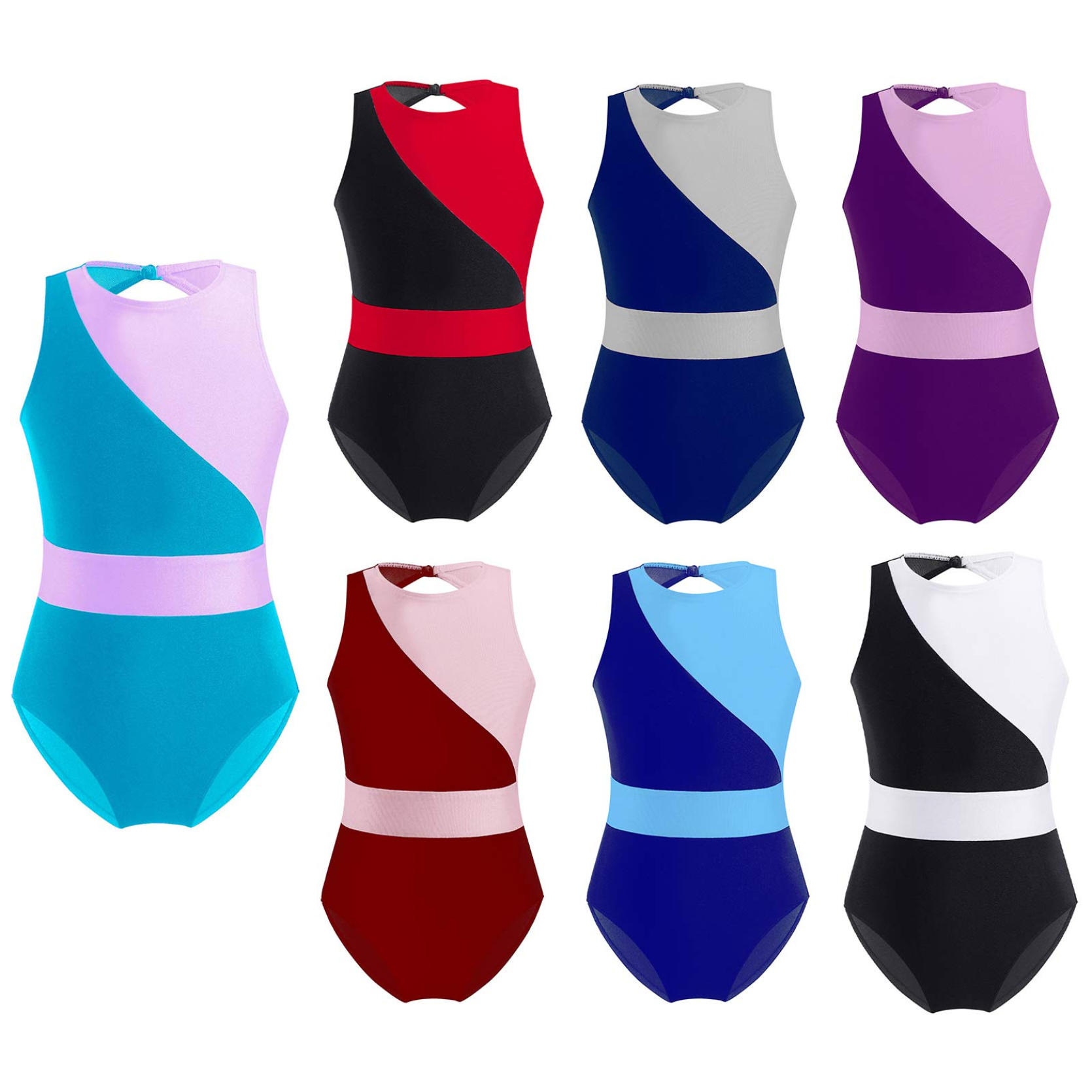 IEFiEL Kindermeisjes Mouwloos Ronde Hals Mesh Patchwork Holle Rug Contrasterende Kleur Dans Gymnastiek Maillots 14-16 Years wit/zwart