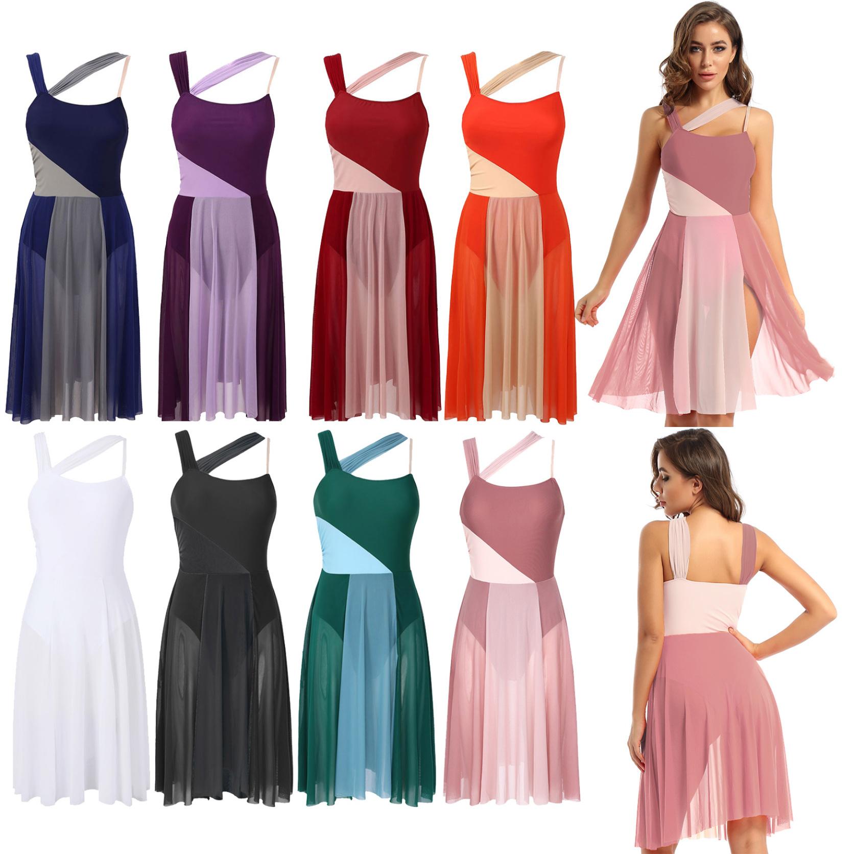 Yunduantong-electronic Mouwloos kleurblok balletdans gymnastiek bodysuit mesh overlay ballet hedendaagse dansjurk lyrische turnpakje prestatiekostuum M wit