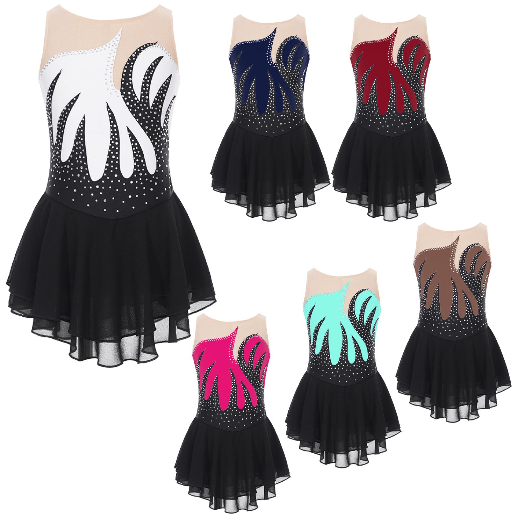 Yunduantong-home Meisjes Glanzende Steentjes Ballet Lyrische Dans Jurk Kleurblok Sheer Mesh Splice Jurken Kunstschaatsen Prestatiekostuum voor kinderen 15-16 Years bruin