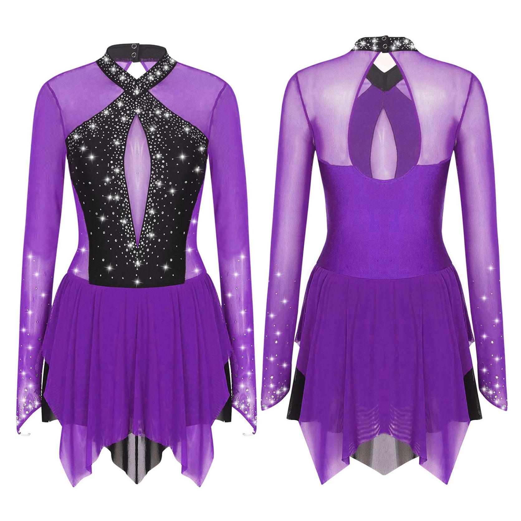 Yunduantong-electronic Dames Danskleding Strass Ballet Dans Jurk Wedstrijd Leotard Glanzend Rok Mesh Splice XXL paars